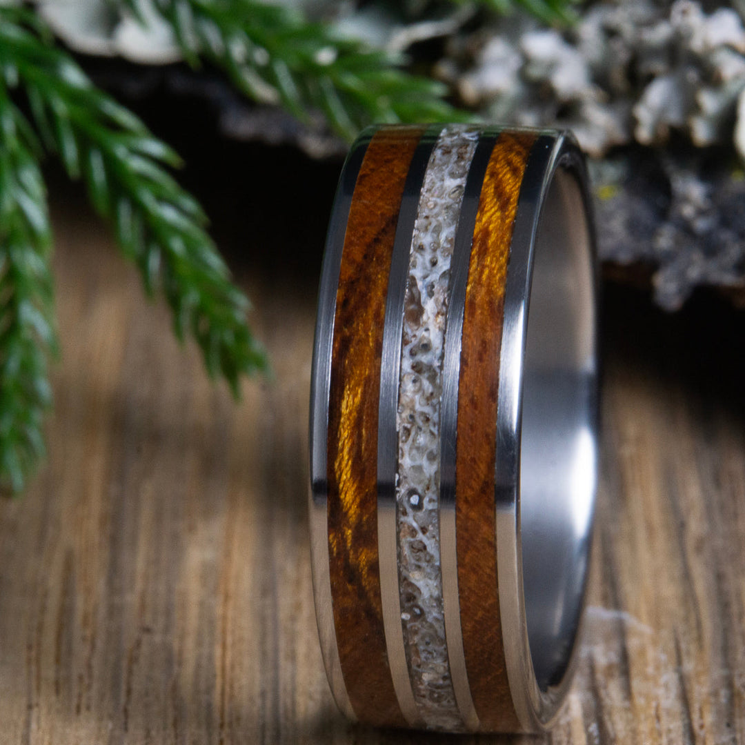 Wood inlay rings for men- ironwood and antler ring – Peacefield Titanium