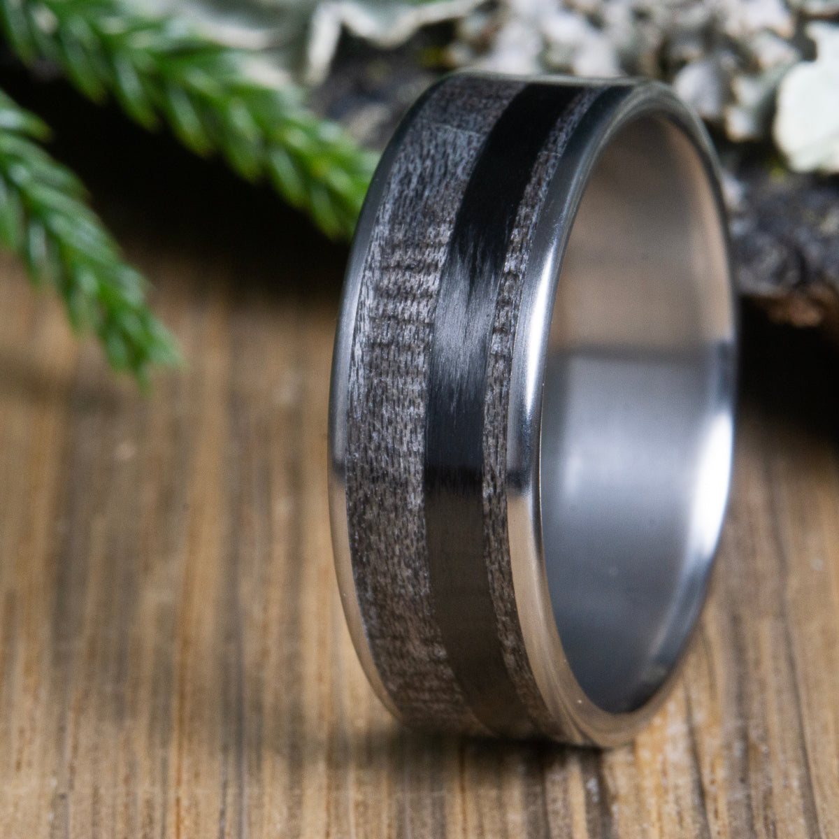 carbon fiber and weathered wooden inlay ring