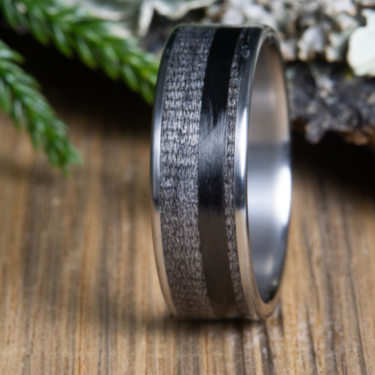Carbon fiber and weathered wooden inlay ring