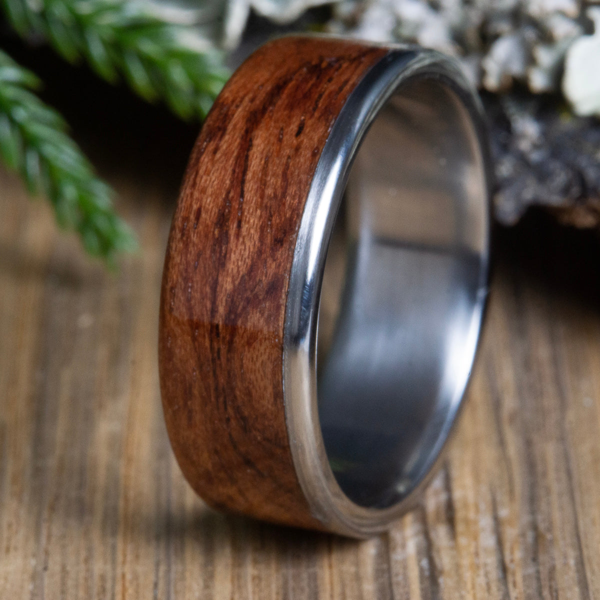 Mens wedding band with wood inlay