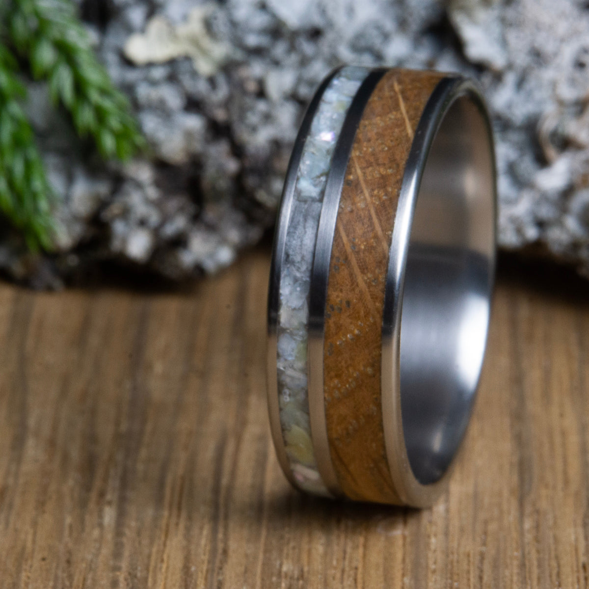 whiskey barrel wood ring with mother of pearl