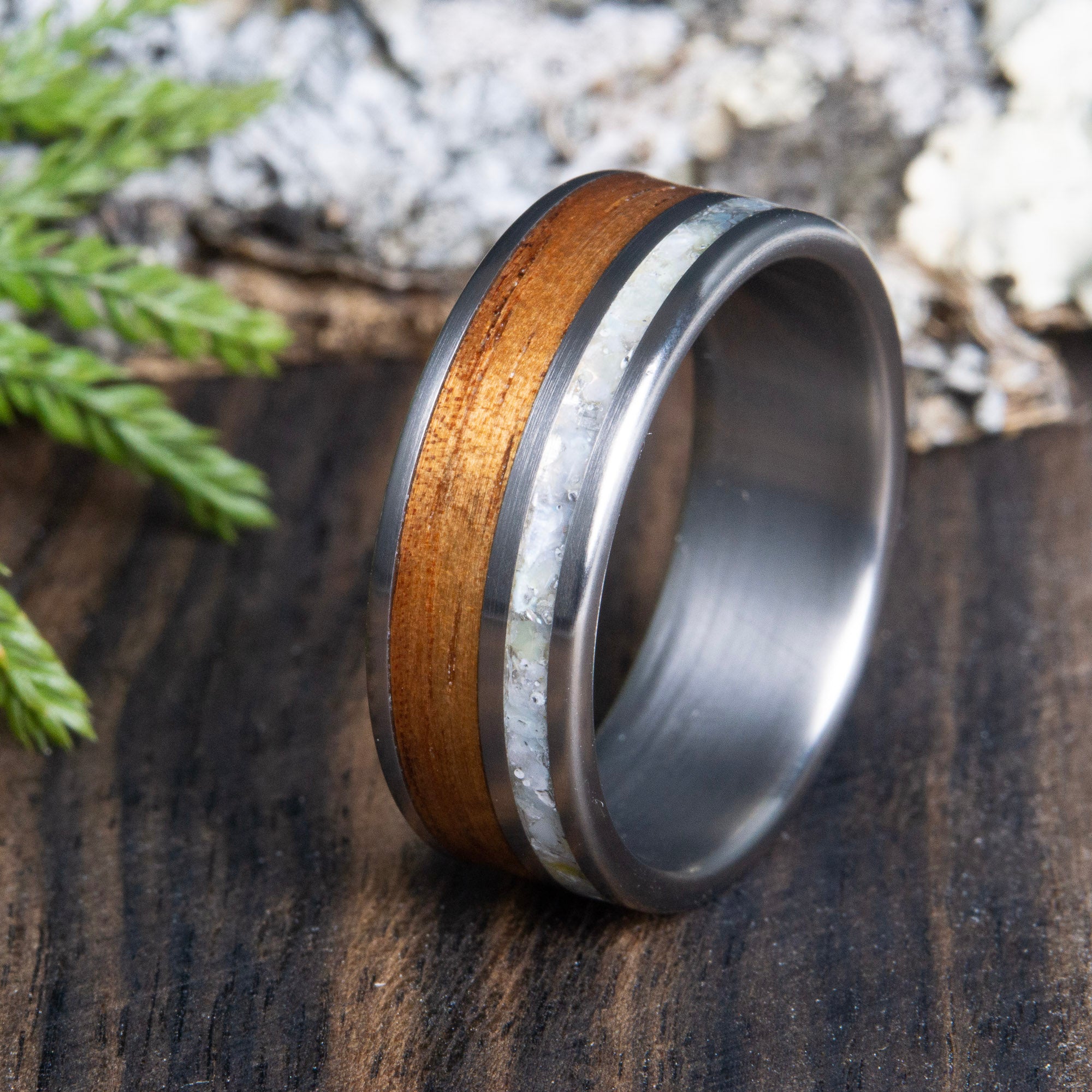 Hawaiian Koa wood and titanium ring with mother of pearl