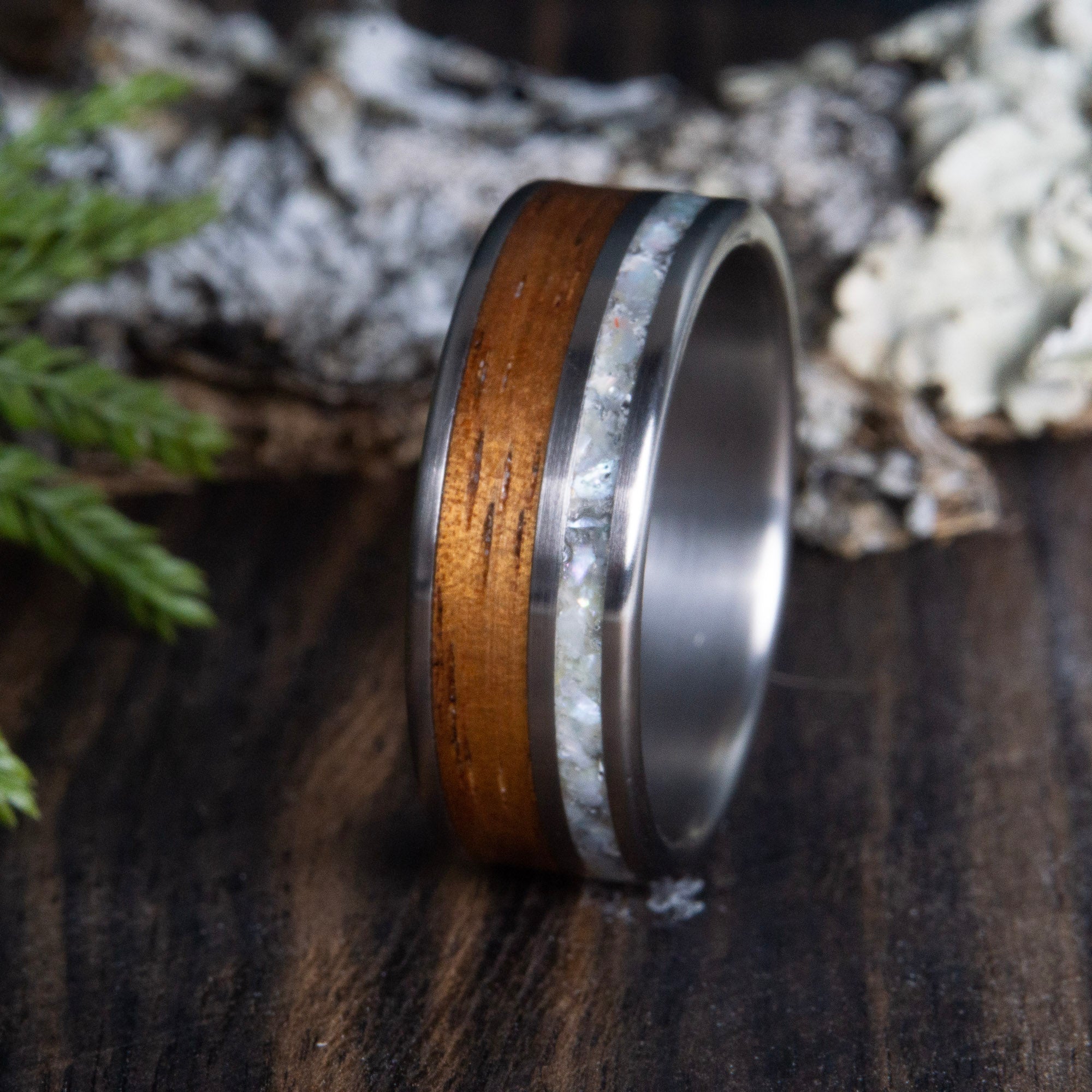 Hawaiian Koa wood and titanium ring with mother of pearl