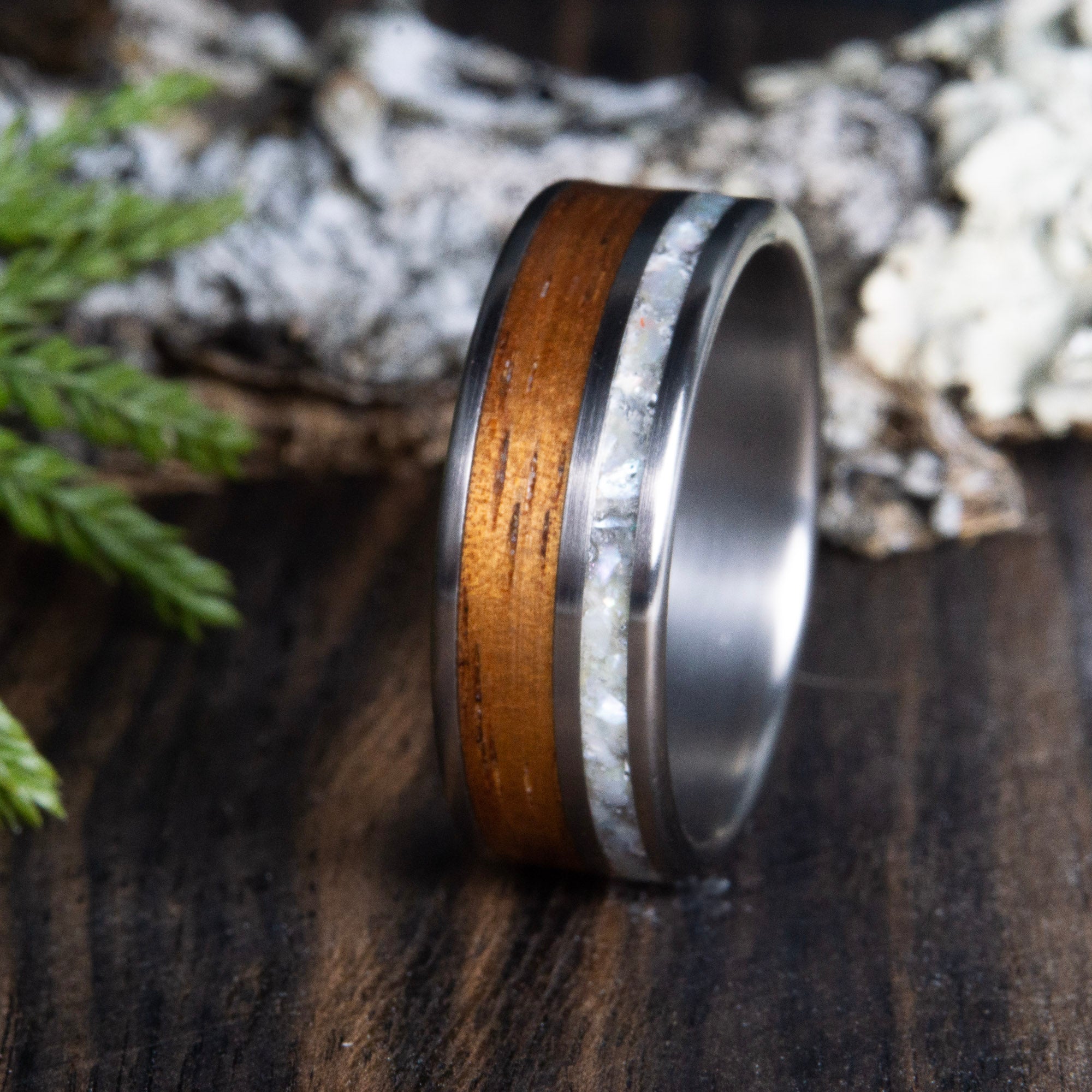 Hawaiian Koa wood and titanium ring with mother of pearl