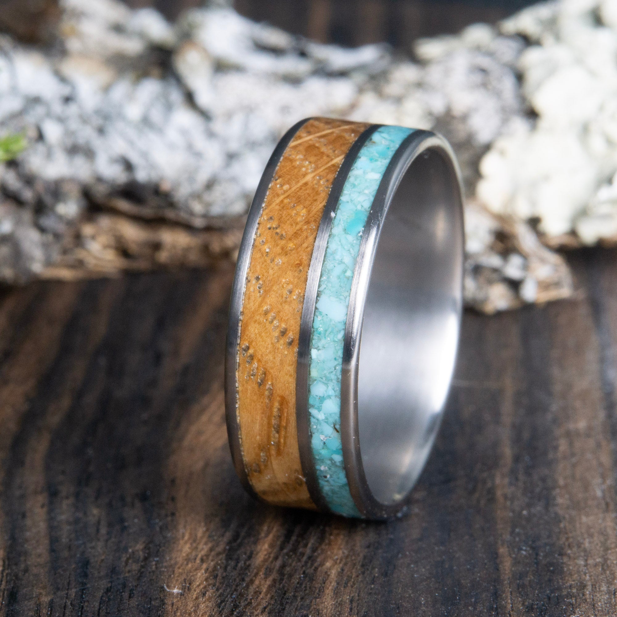 Custom wood ring- Whiskey barrel and turquoise wedding band