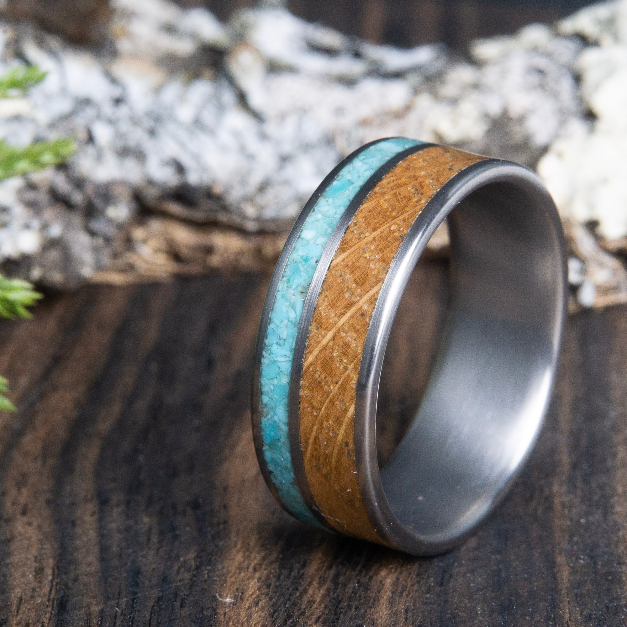 Custom wood ring- Whiskey barrel and turquoise wedding band