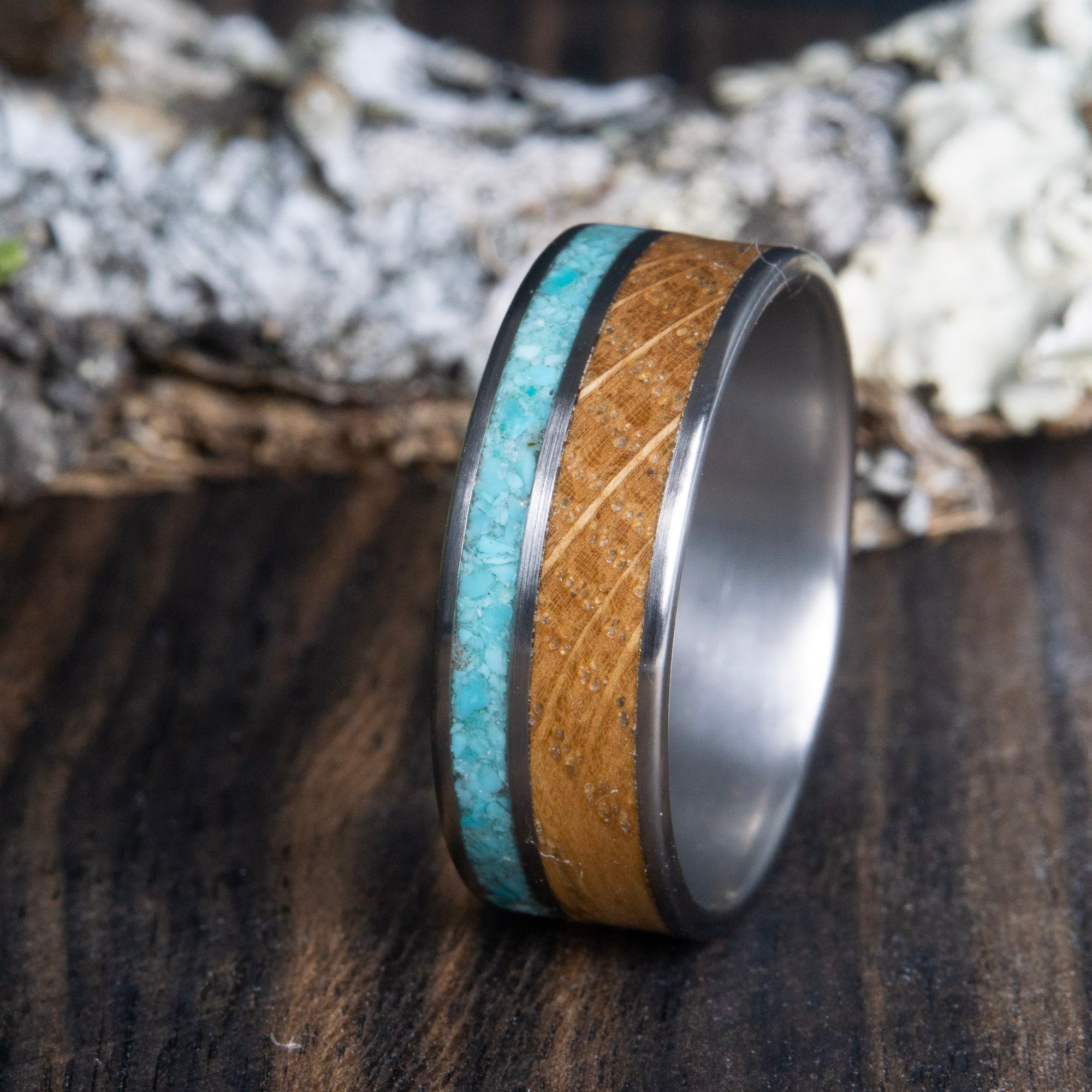 Custom wood ring- Whiskey barrel and turquoise wedding band
