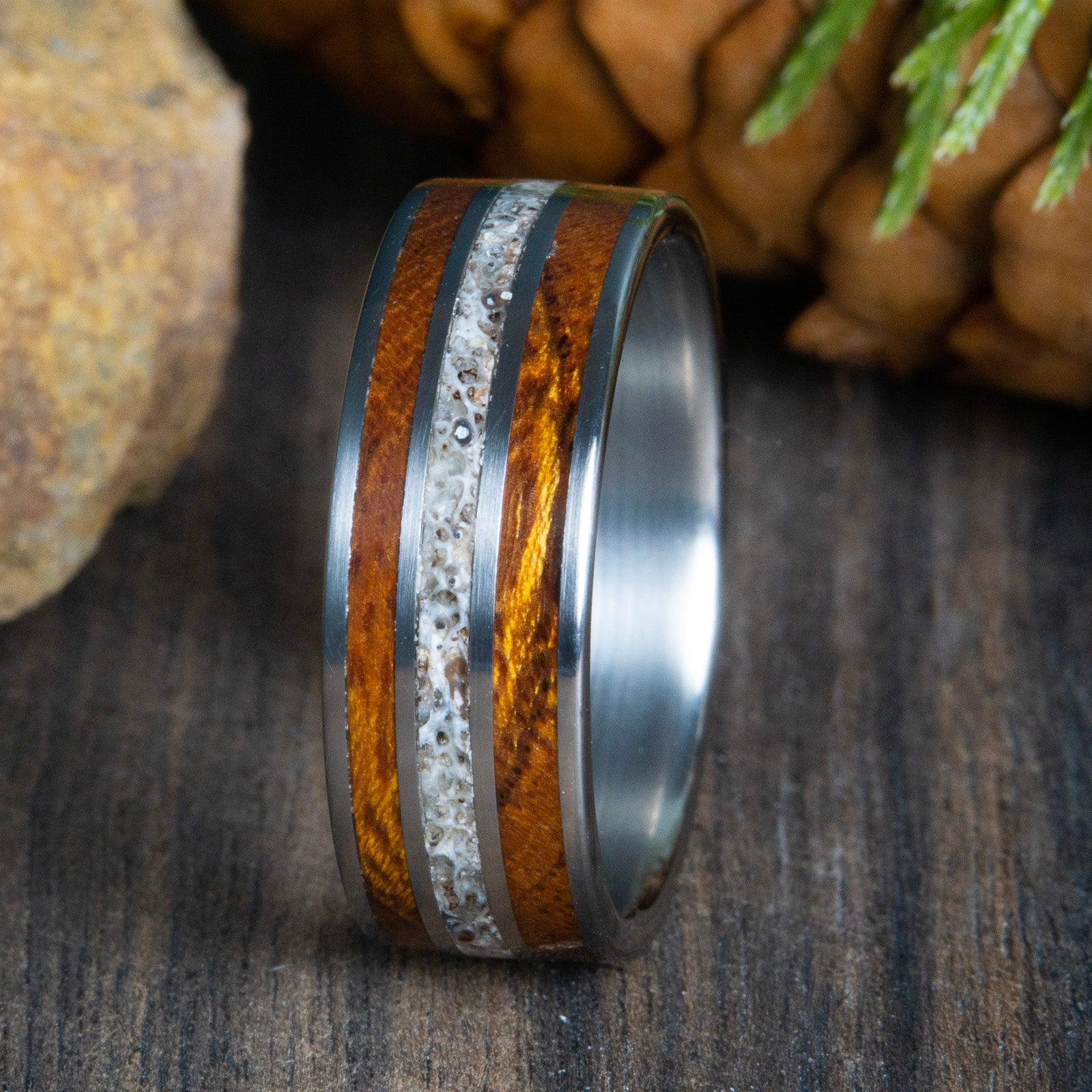 Wood inlay rings for men- ironwood and antler ring