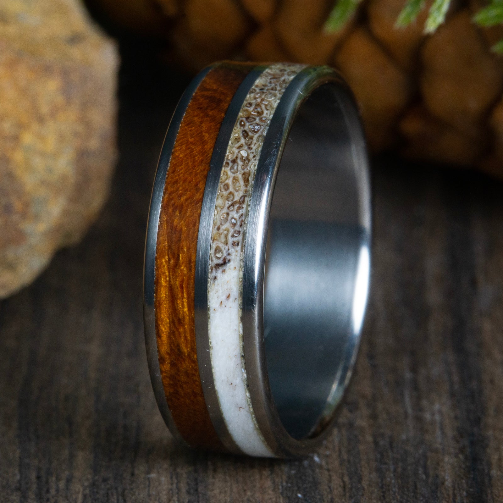 mens wooden wedding rings-Antler and ironwood inlay