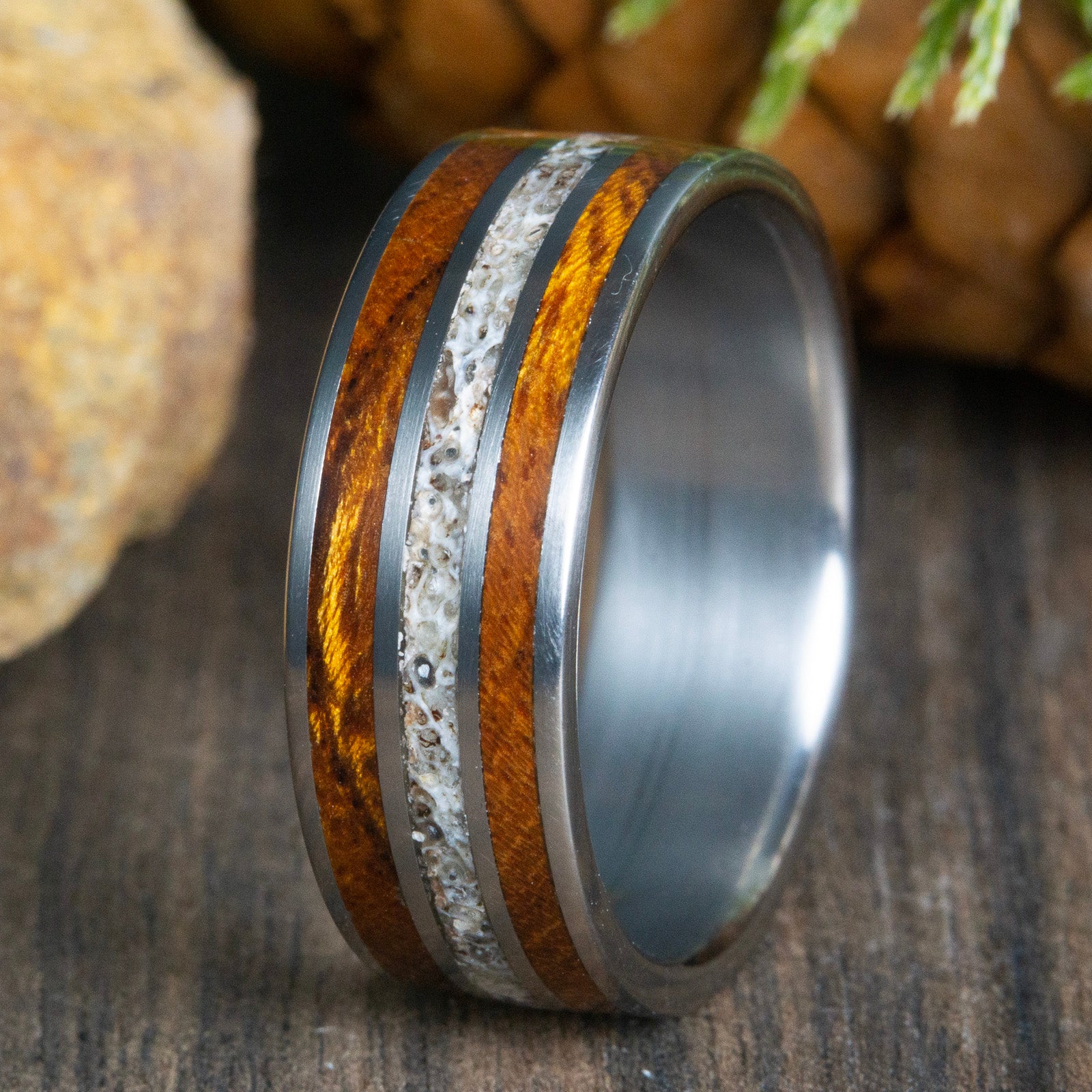 Antler and wood ring-ironwood inlay