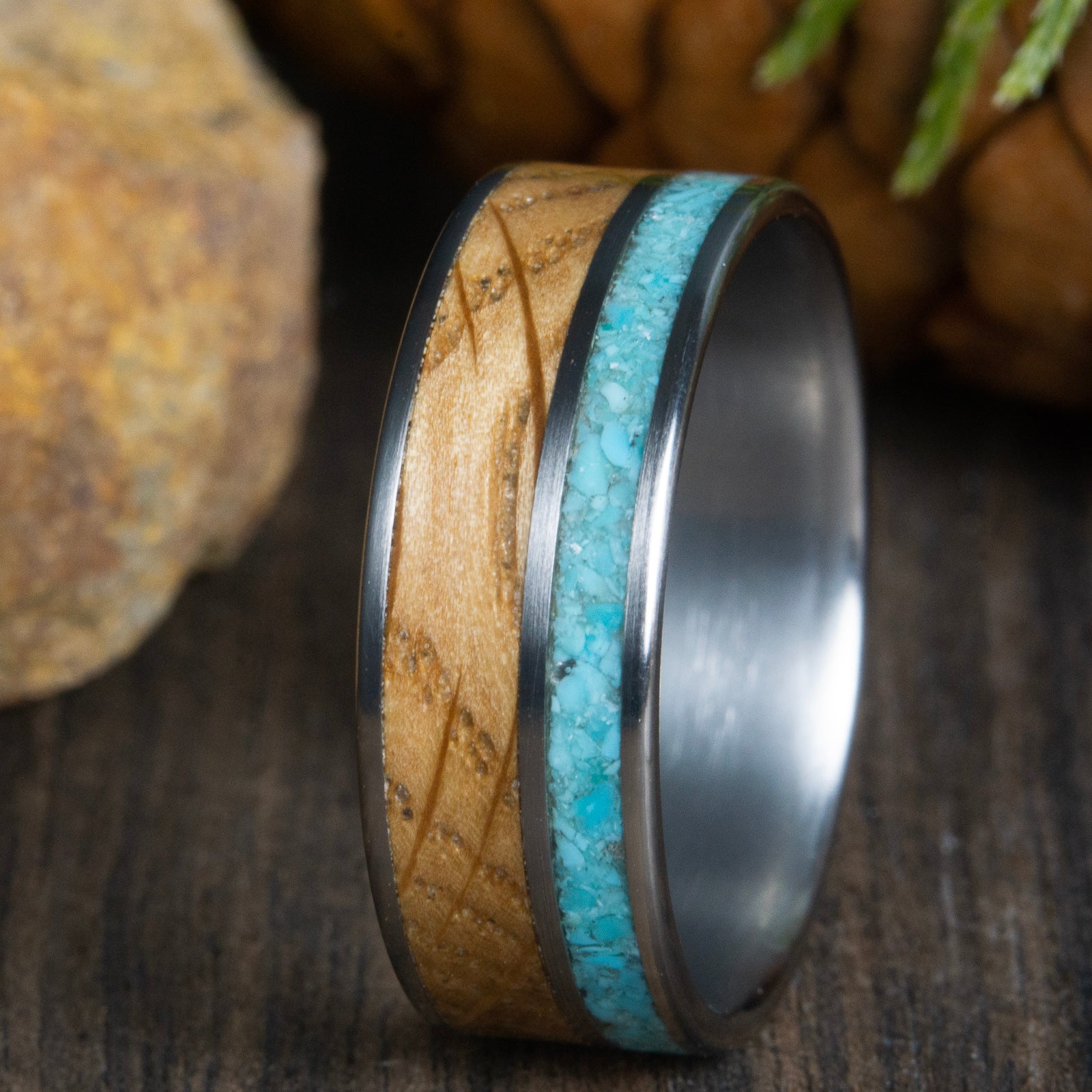 Whiskey barrel mens wedding ring with turquoise