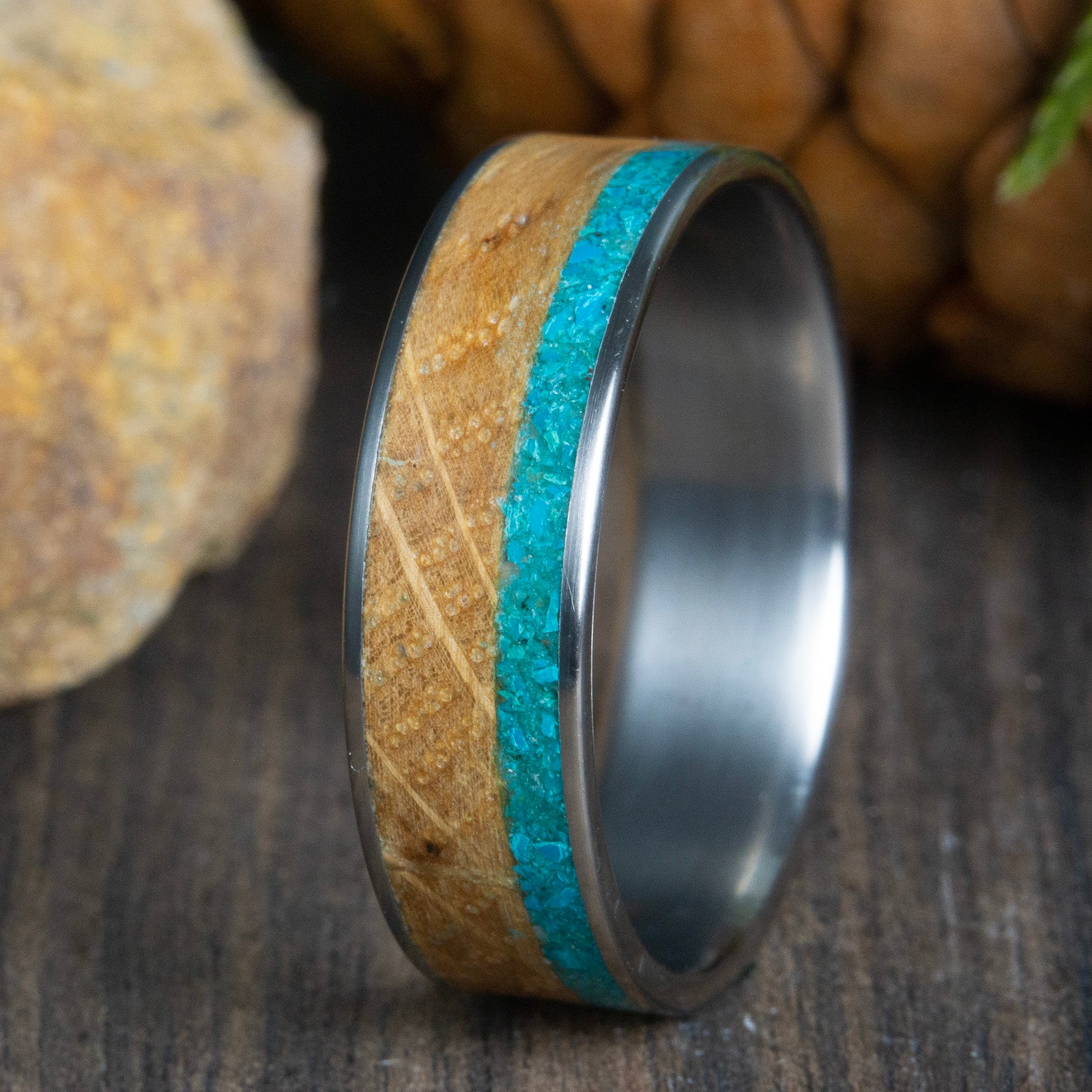 Mens wedding band with Whiskey barrel wood and turquoise