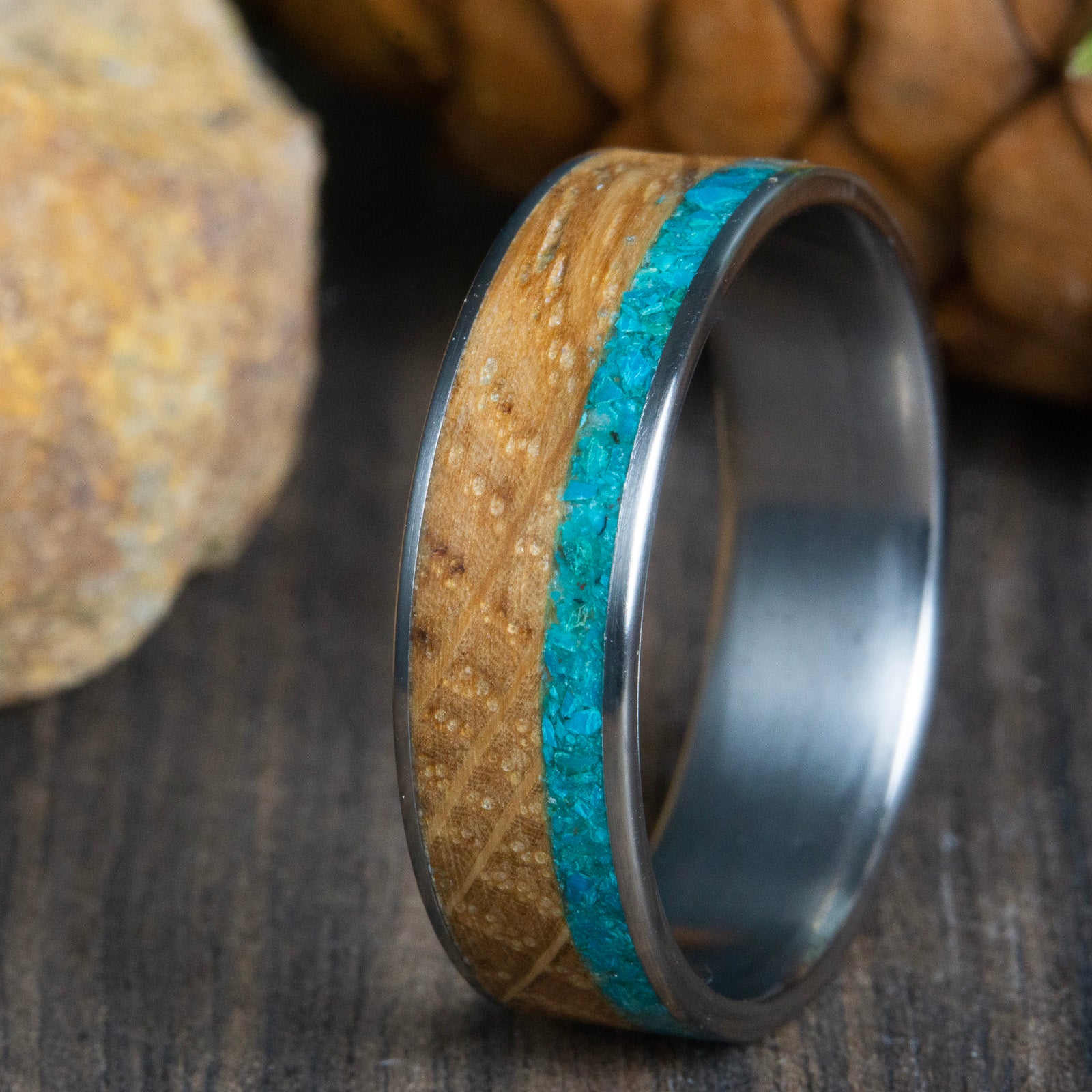 mens wedding band with whiskey barrel wood and turquoise