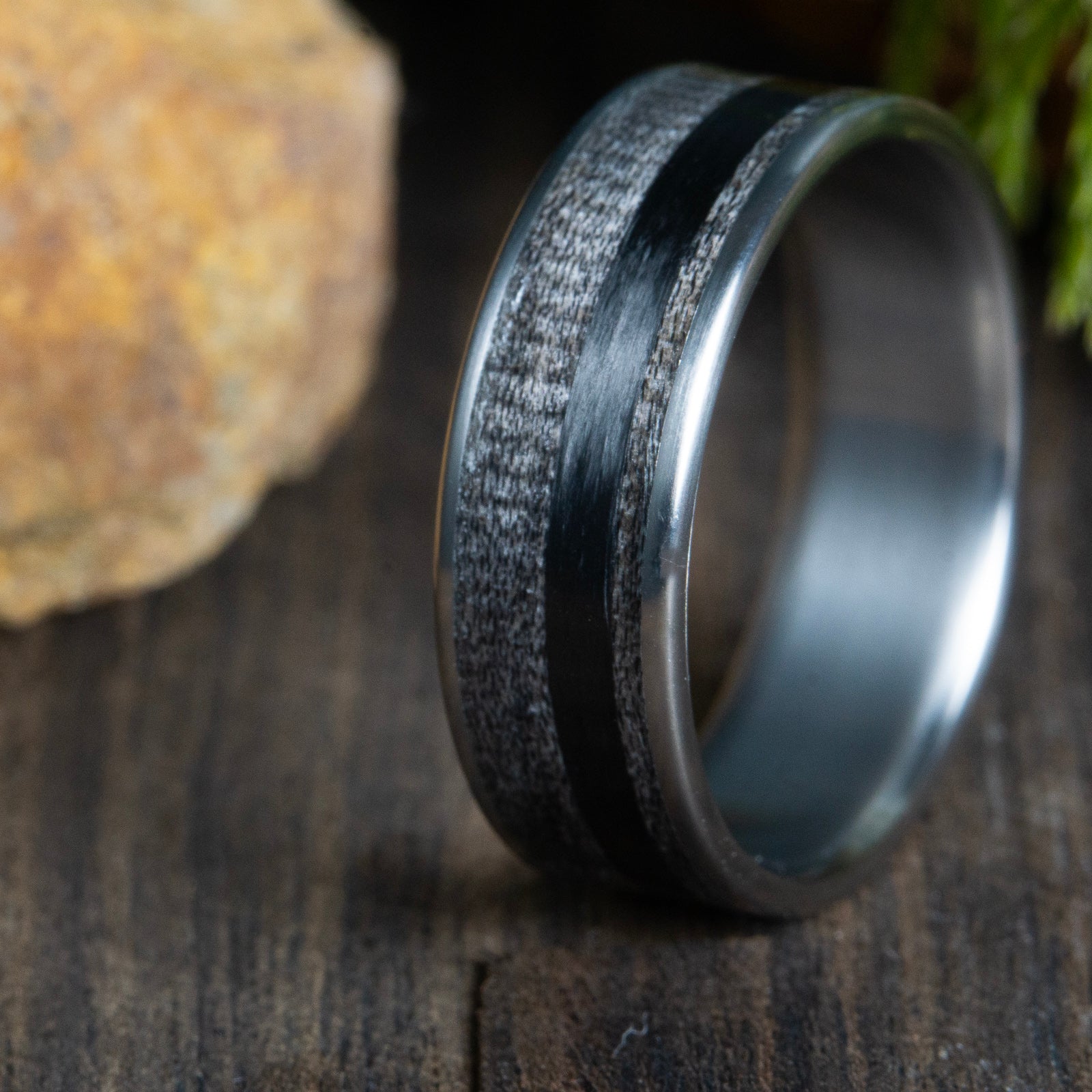 men's unique wedding rings- barnwood and titanium