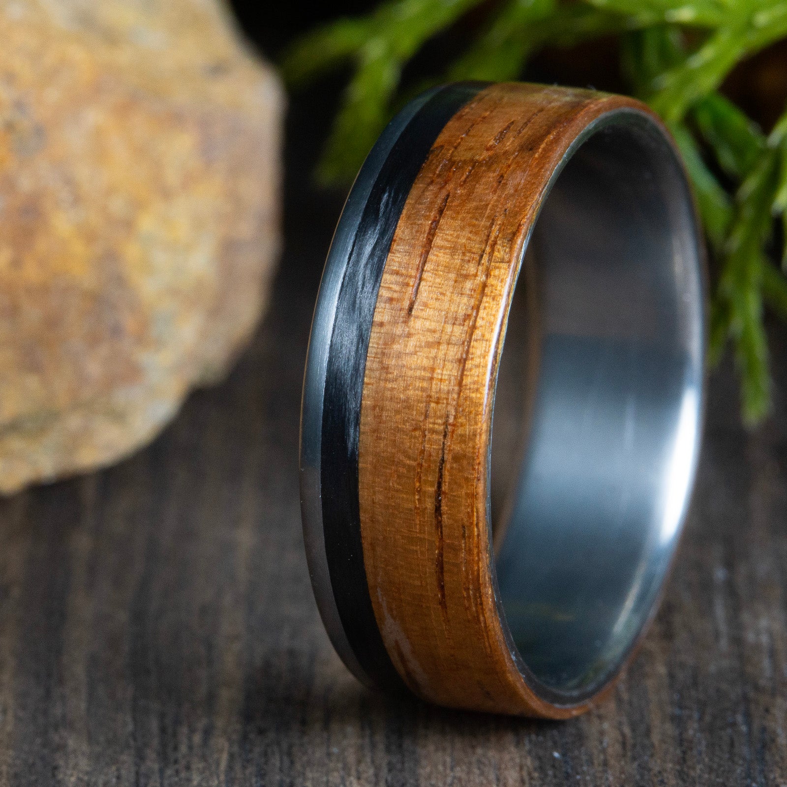Custom made wood rings- Titanium wedding band with Koa wood and carbon fiber