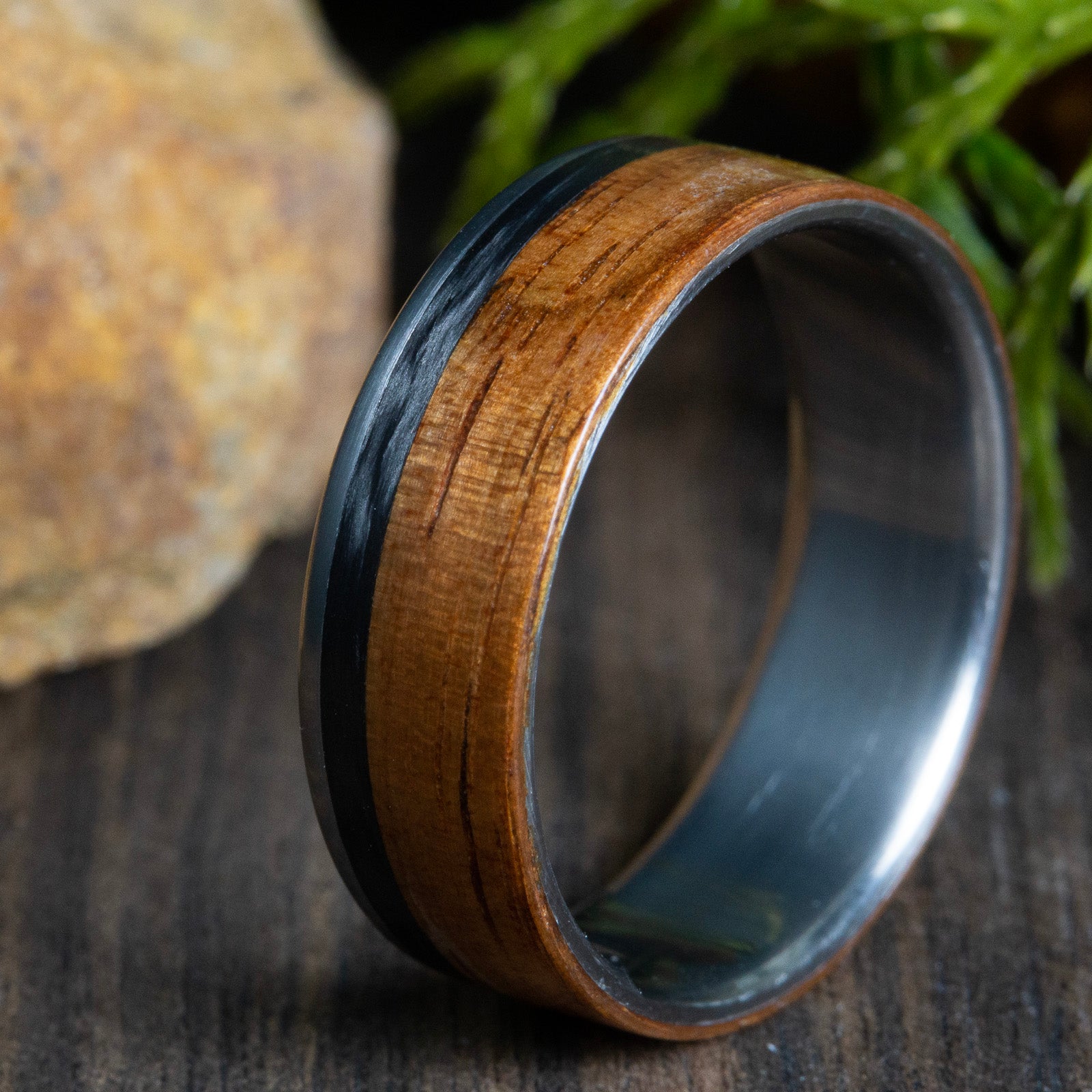 Custom made wood rings- Titanium wedding band with Koa wood and carbon fiber