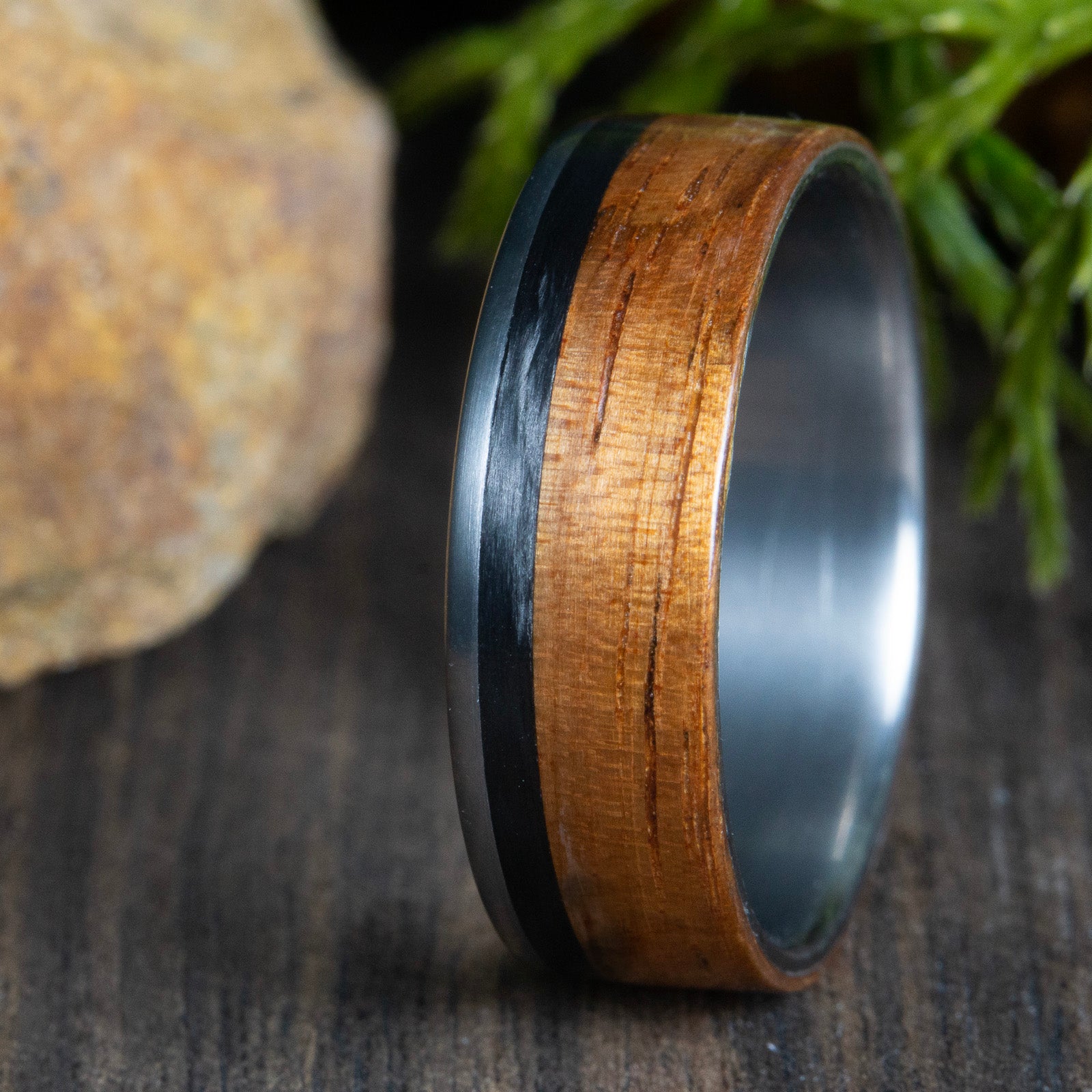 Koa wood and Carbon fiber wedding ring