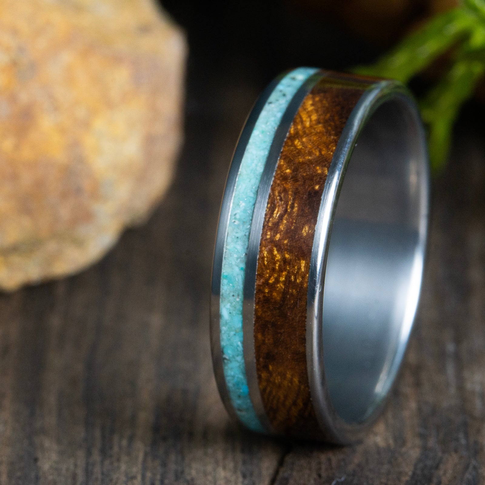 ironwood wood ring with turquoise