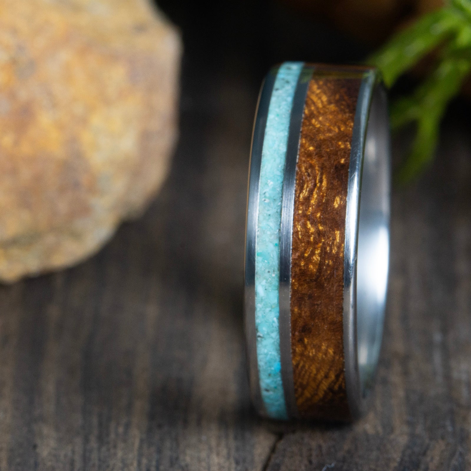 Unique wood wedding band with Ironwood and turquoise inlay