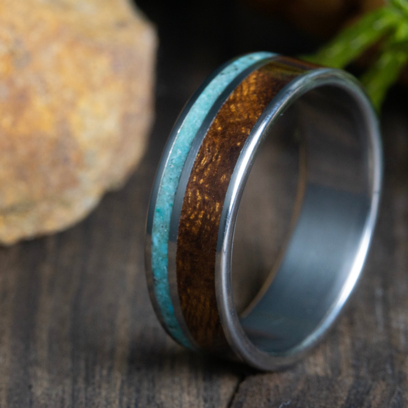 Unique wood wedding band with Ironwood and turquoise inlay