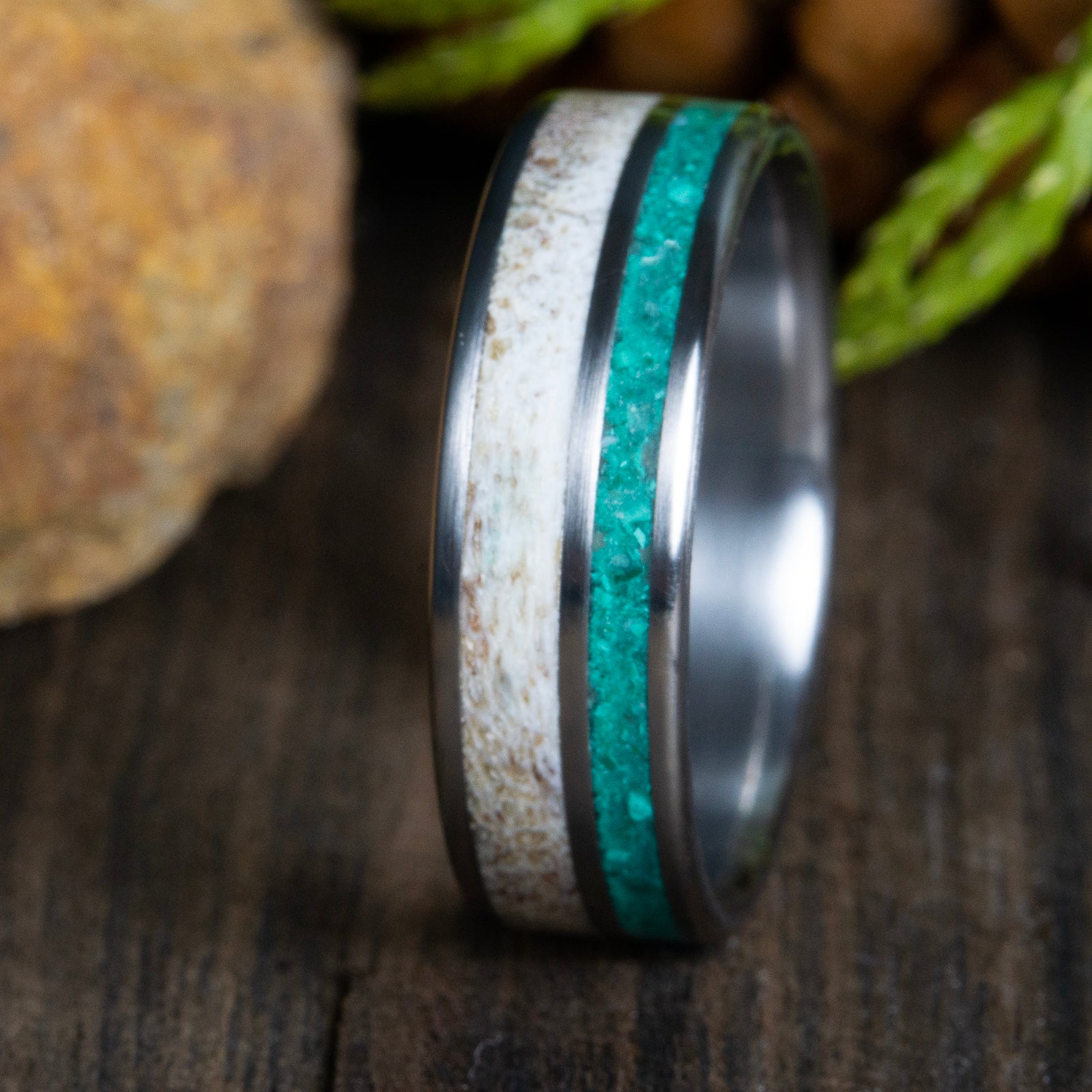 malachite and Antler wedding ring