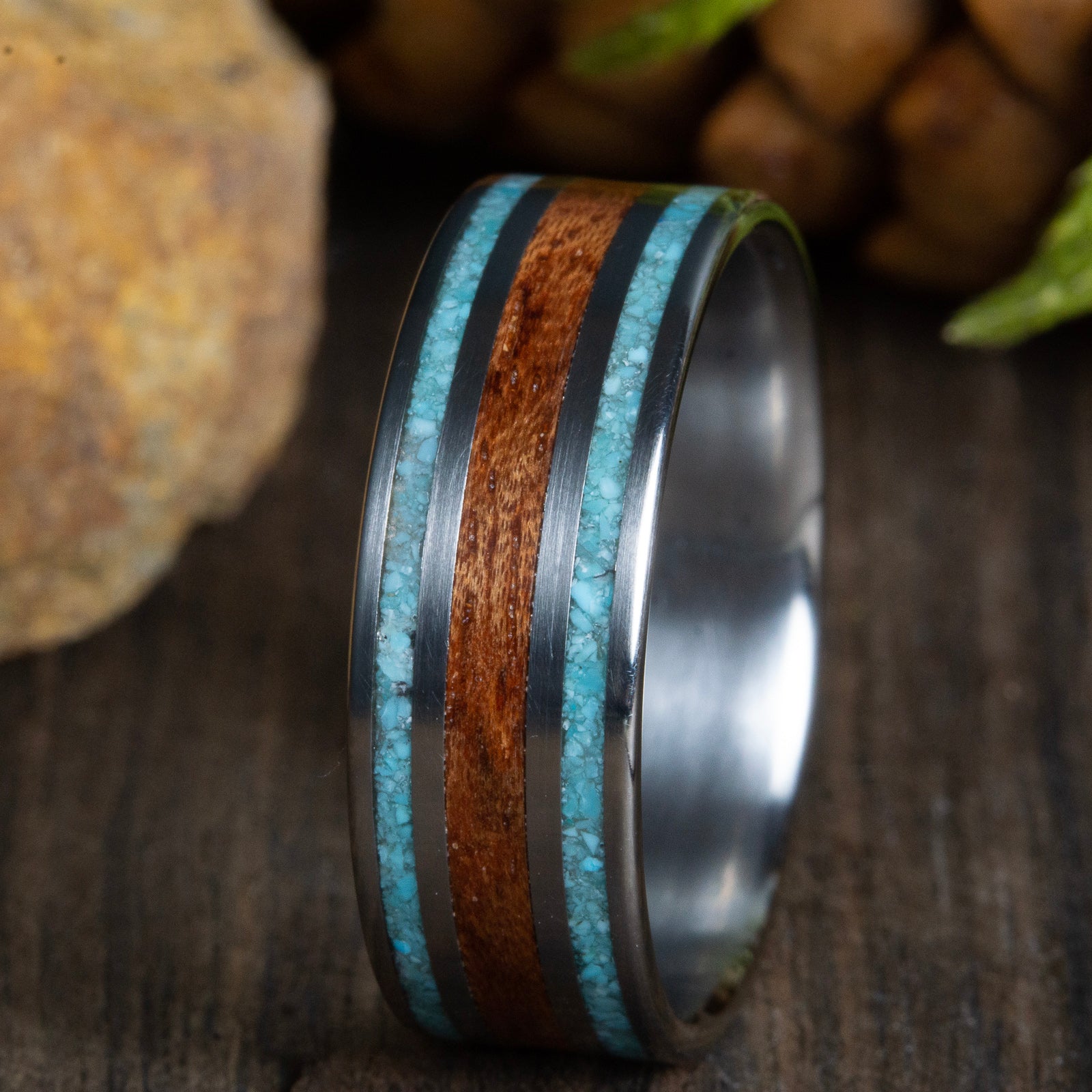 Mens wooden ring with titanium and turquoise