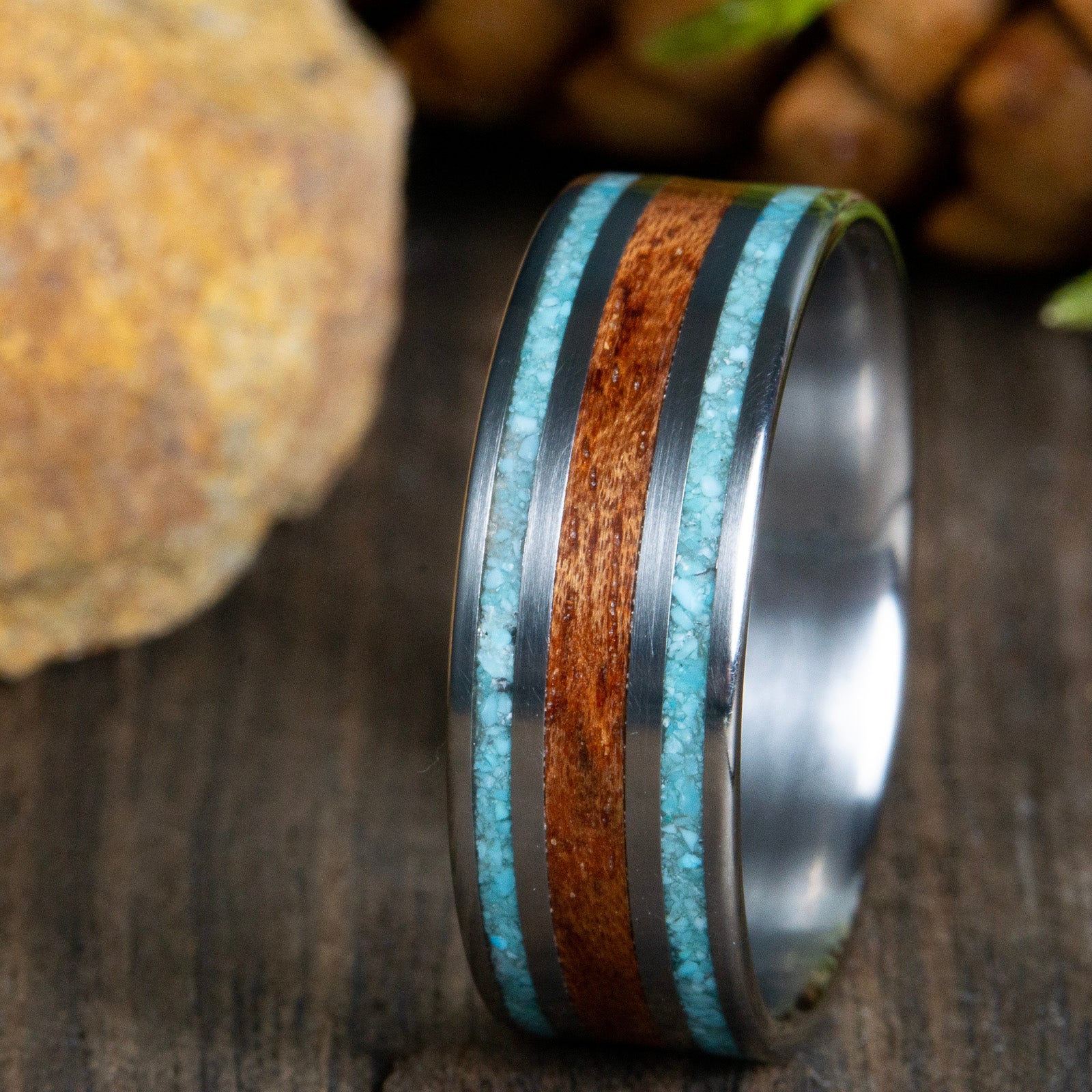 mens wooden ring with titanium and turquoise
