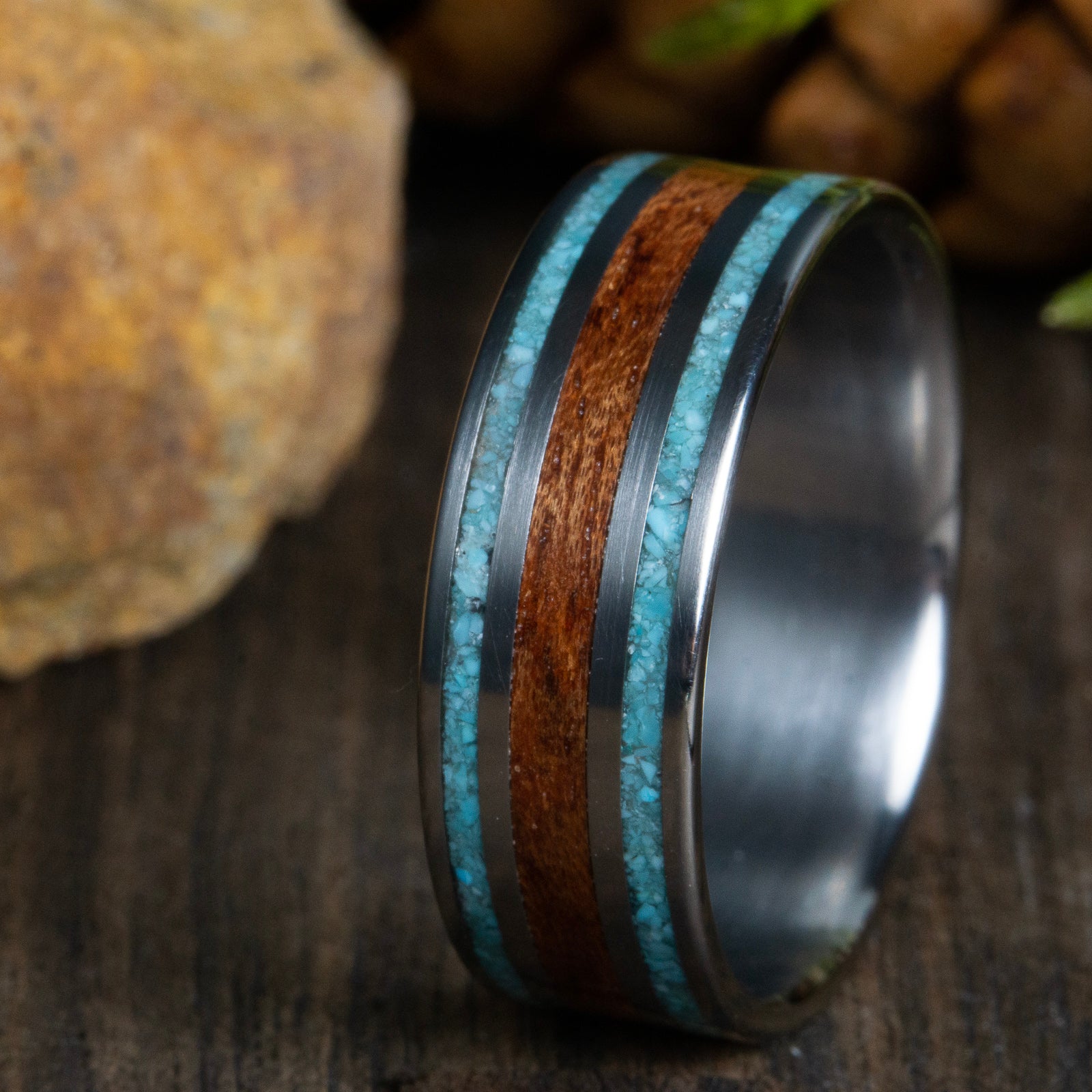 Mens wooden ring with titanium and turquoise