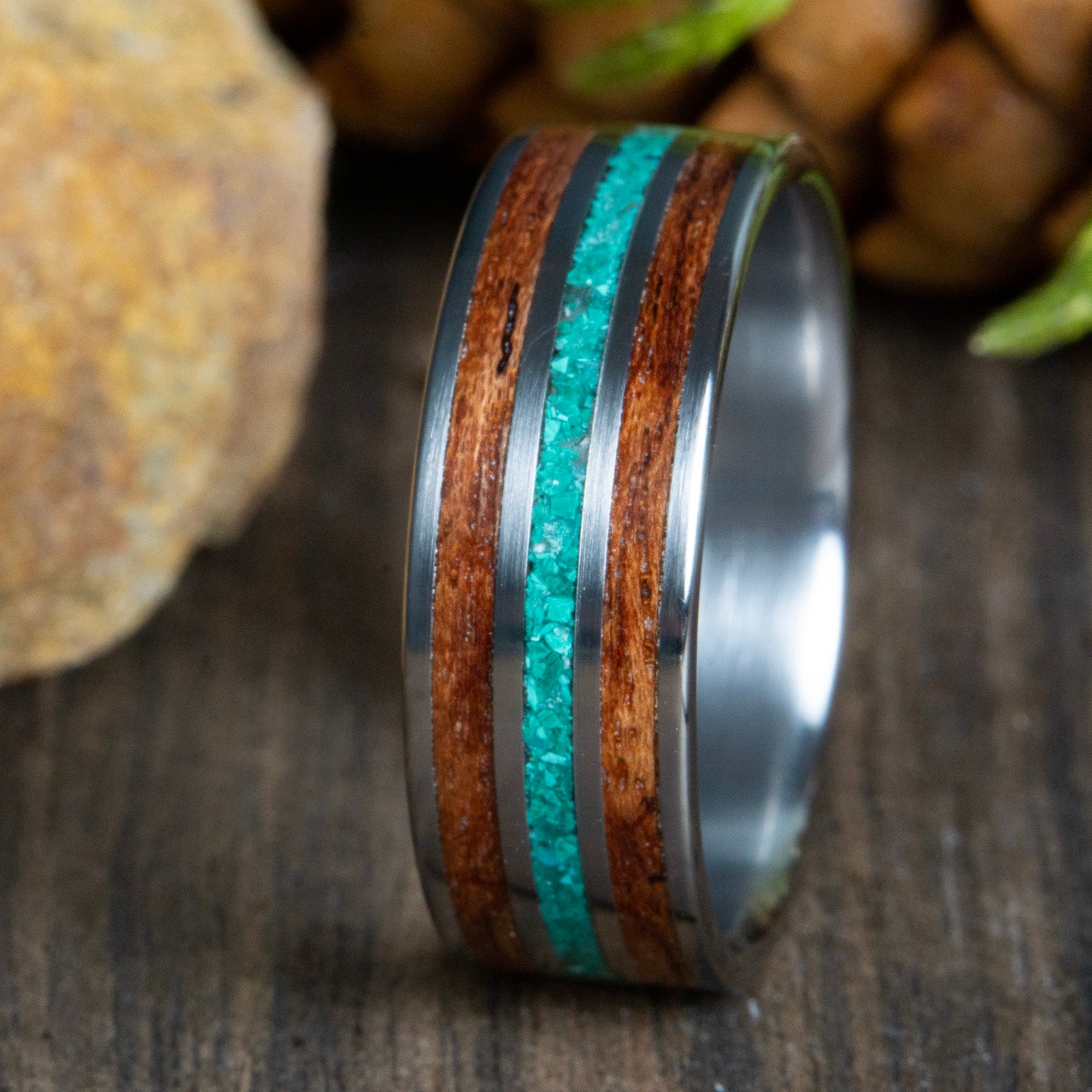 wood inlay ring-malachite stone and titanium