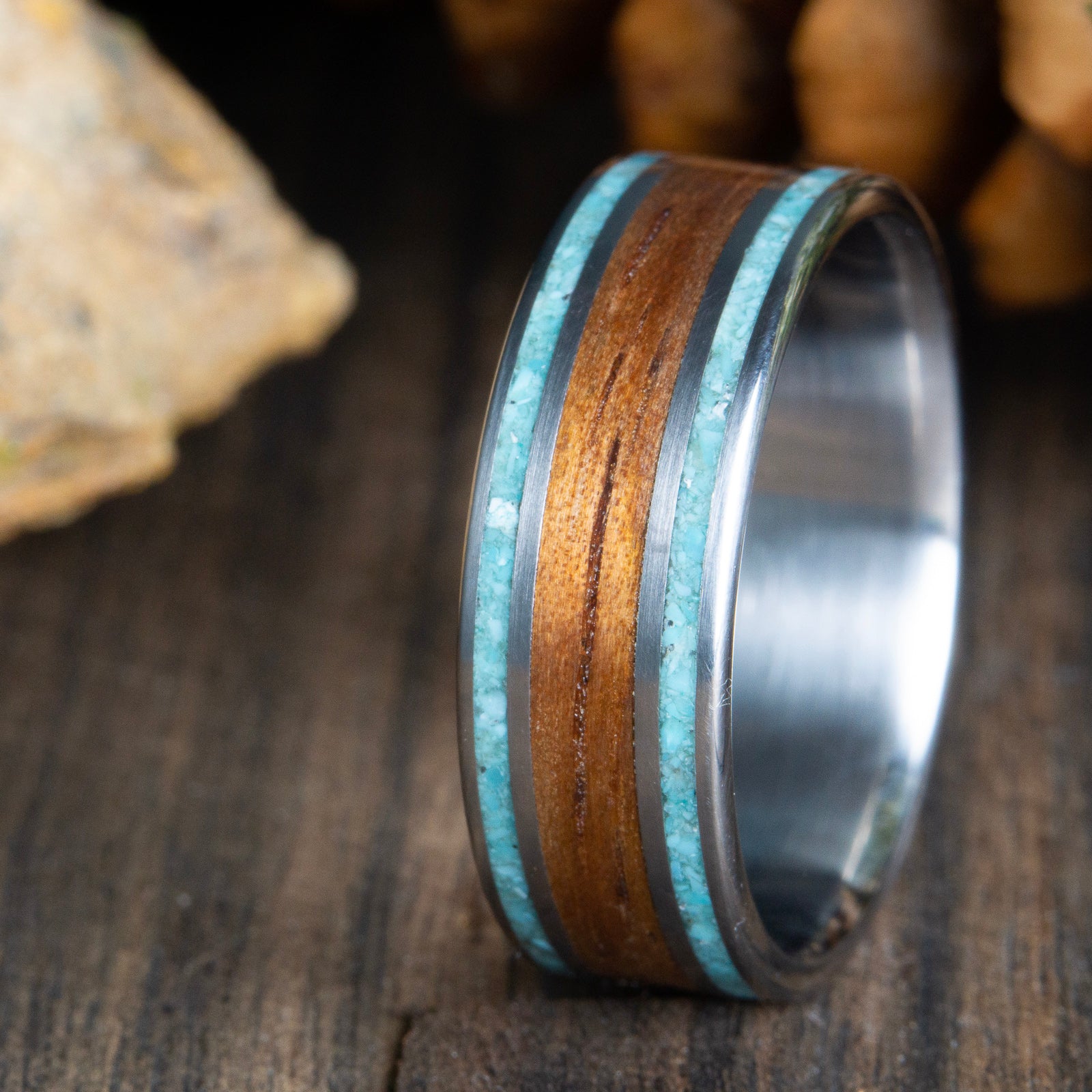 koa wood ring with titanium and turquoise