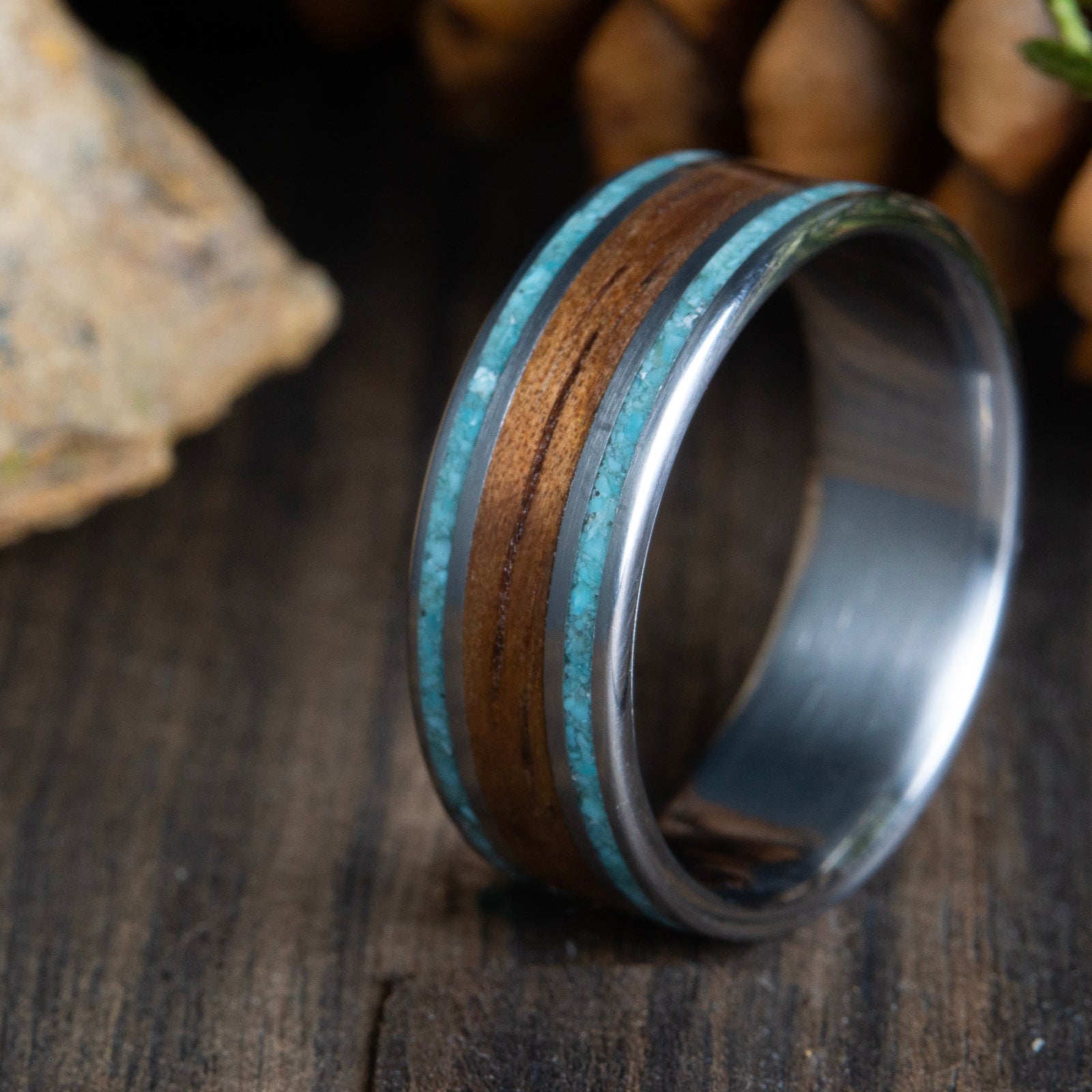 Koa wood wedding ring with titanium and turquoise inlay