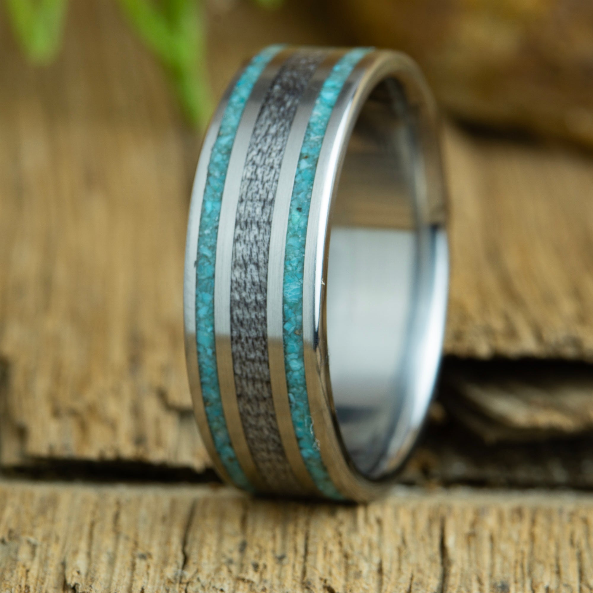 Titanium mens ring with turquoise and wood