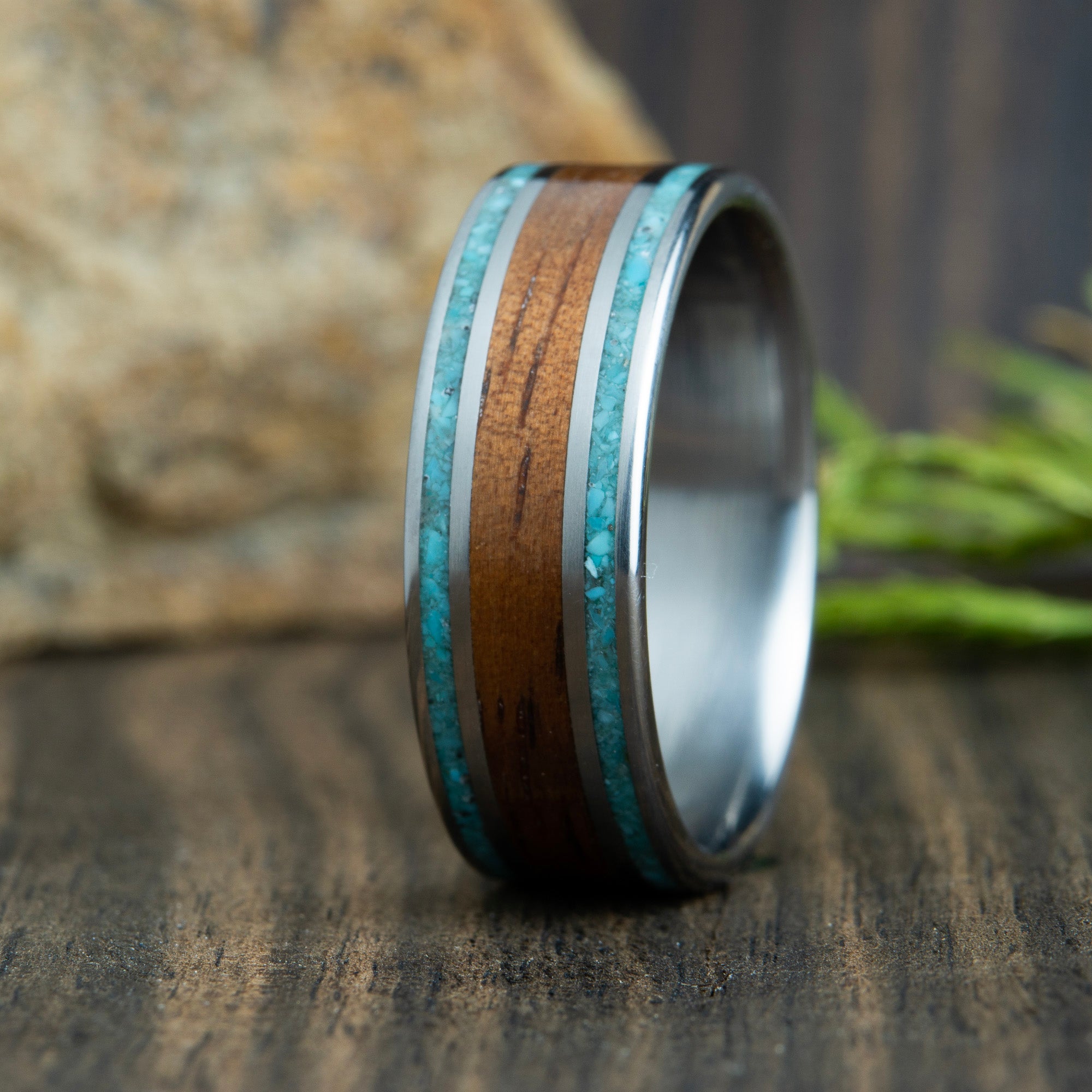 koa wood ring with titanium and turquoise