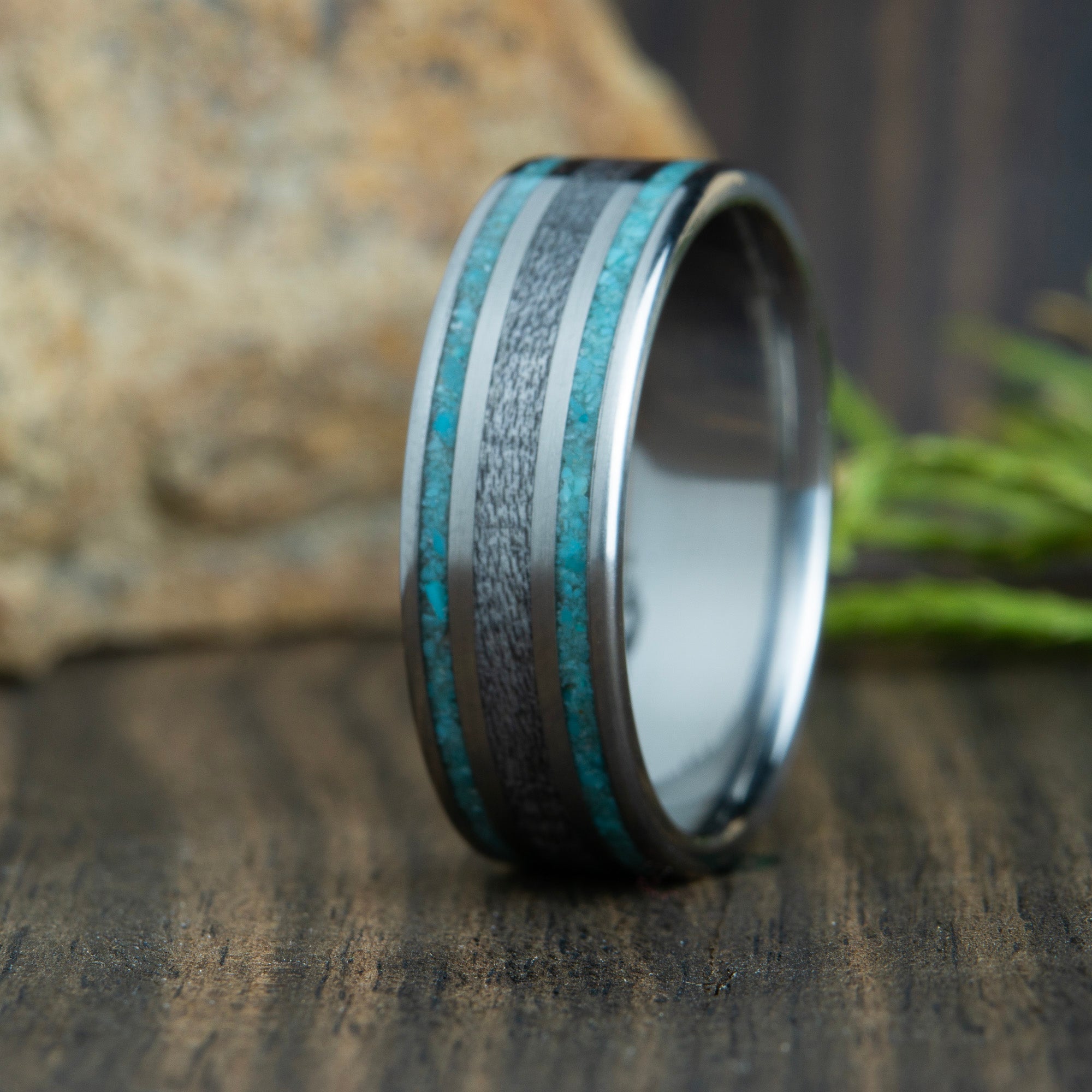 titanium mens ring w/ turquoise and wood