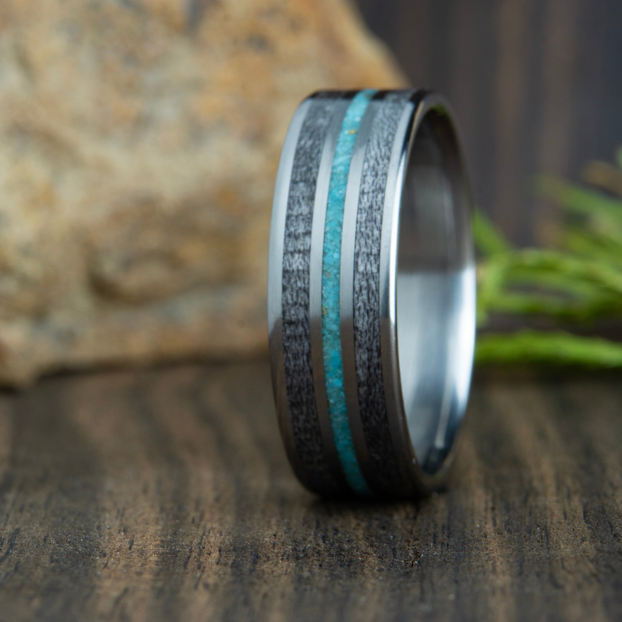 Grey Barnwood and titanium ring with turquoise