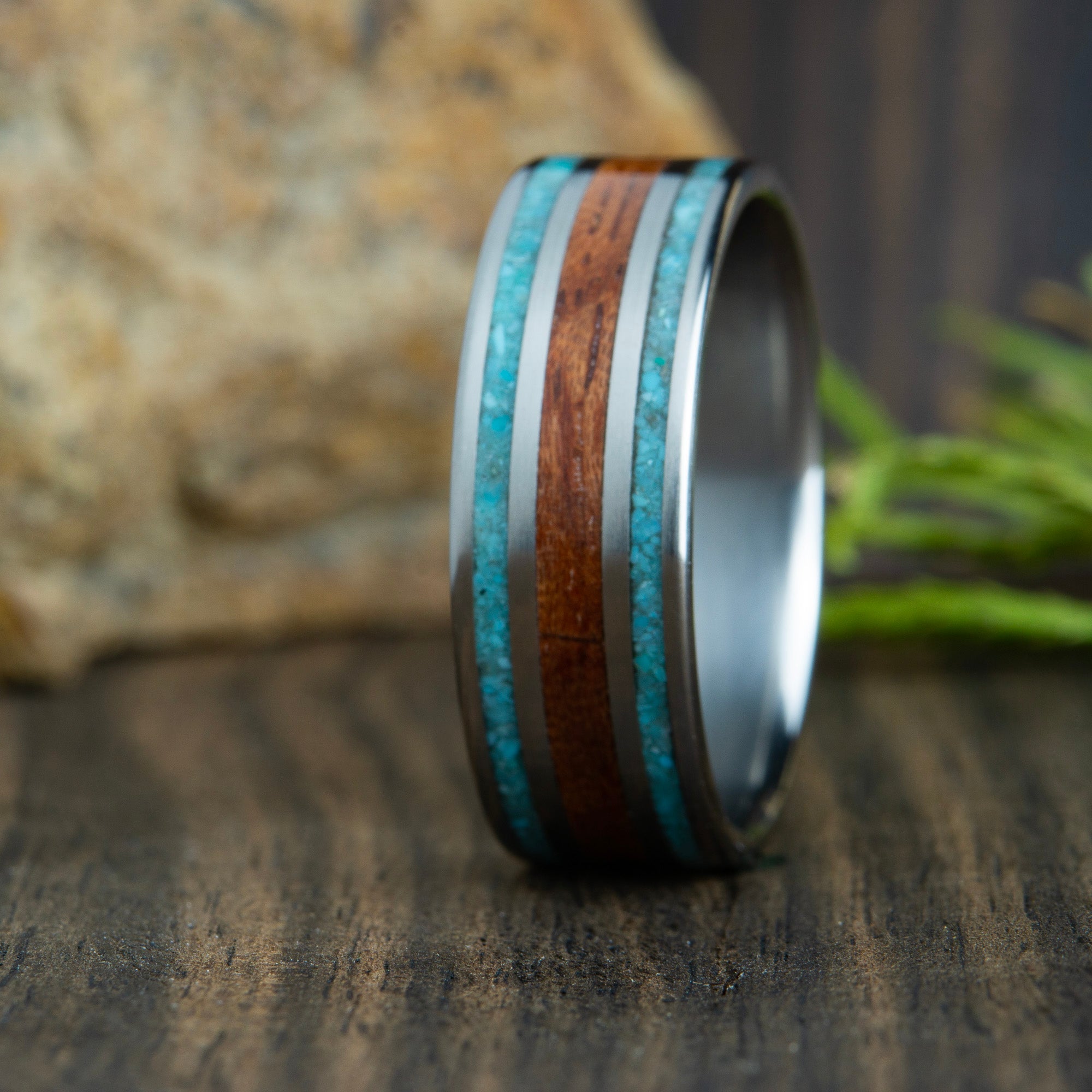 mens wooden ring with titanium and turquoise inlay