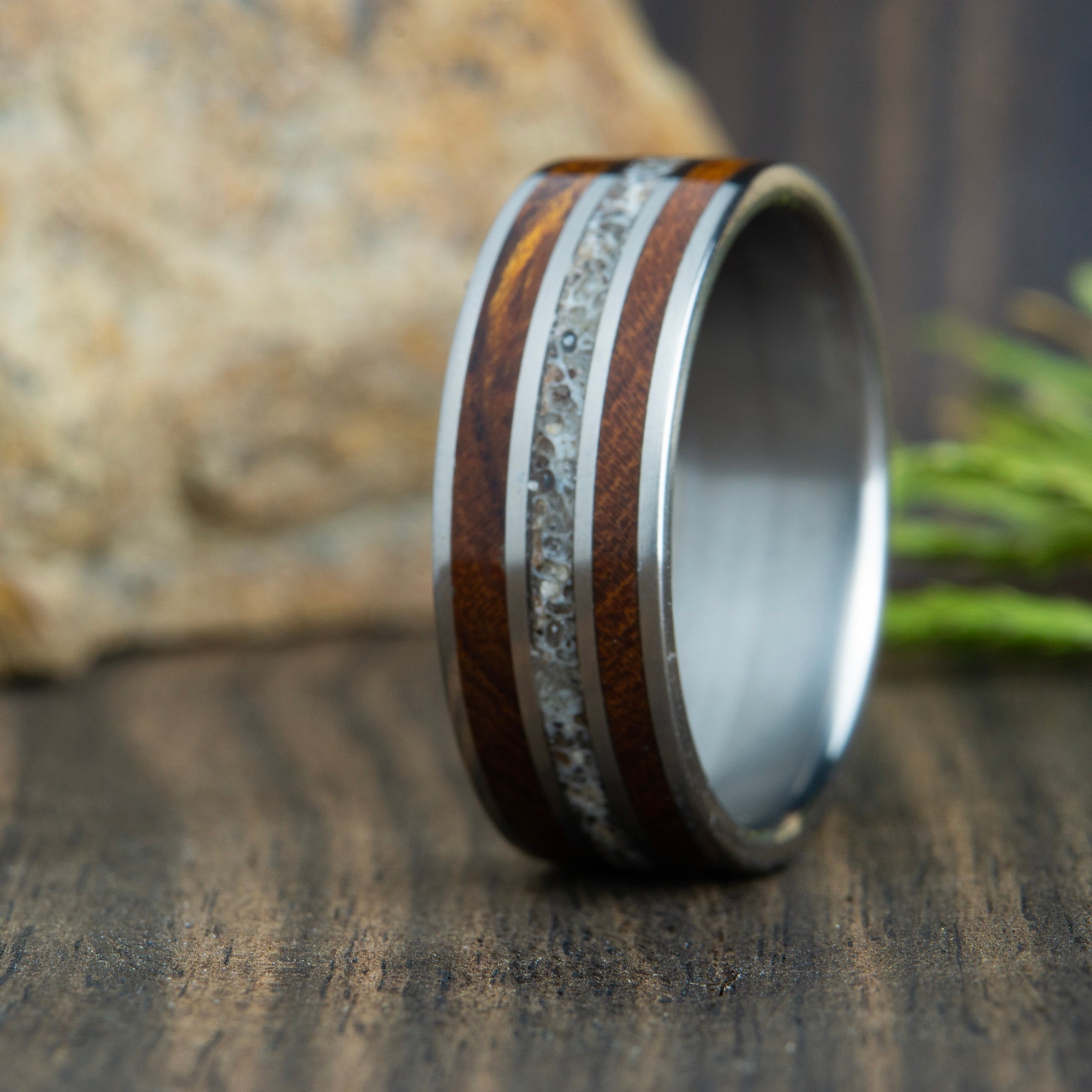 Wood inlay rings for men- ironwood and antler ring – Peacefield Titanium
