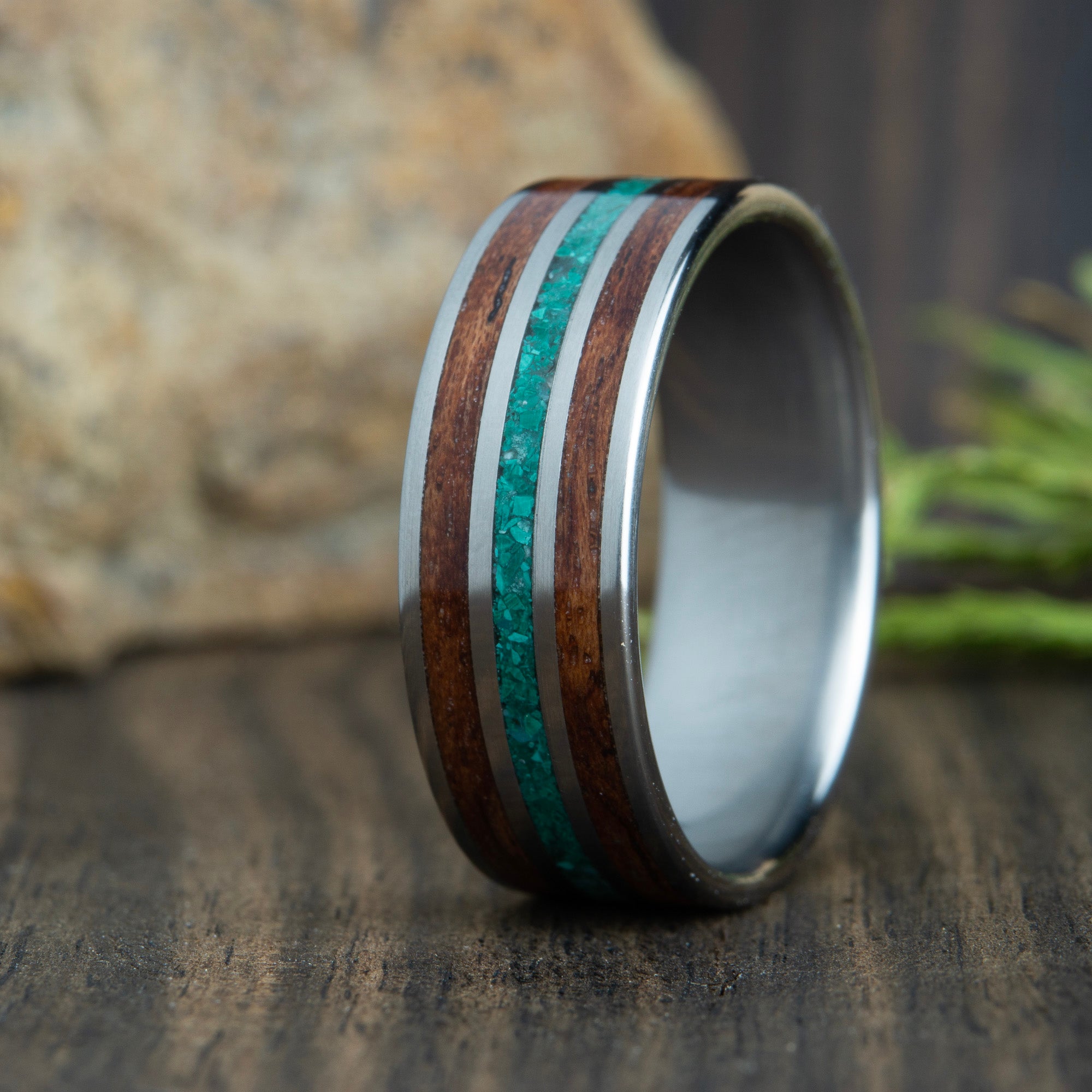 wood inlay ring with malachite stone