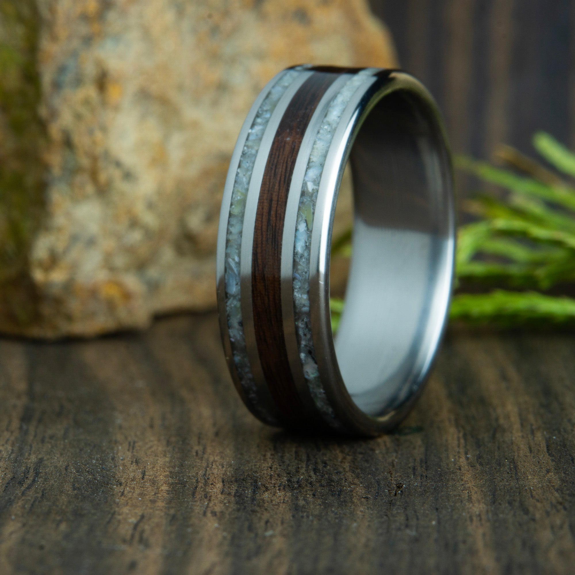 Rosewood and mother of pearl mens wood wedding band