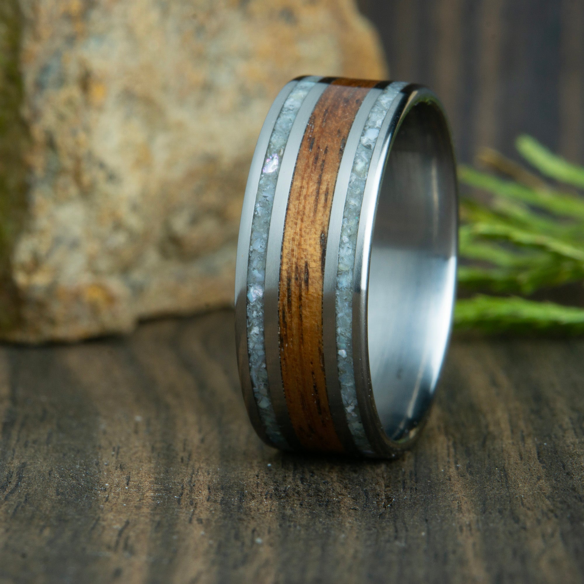 Koa wood ring with mother of pearl inlay