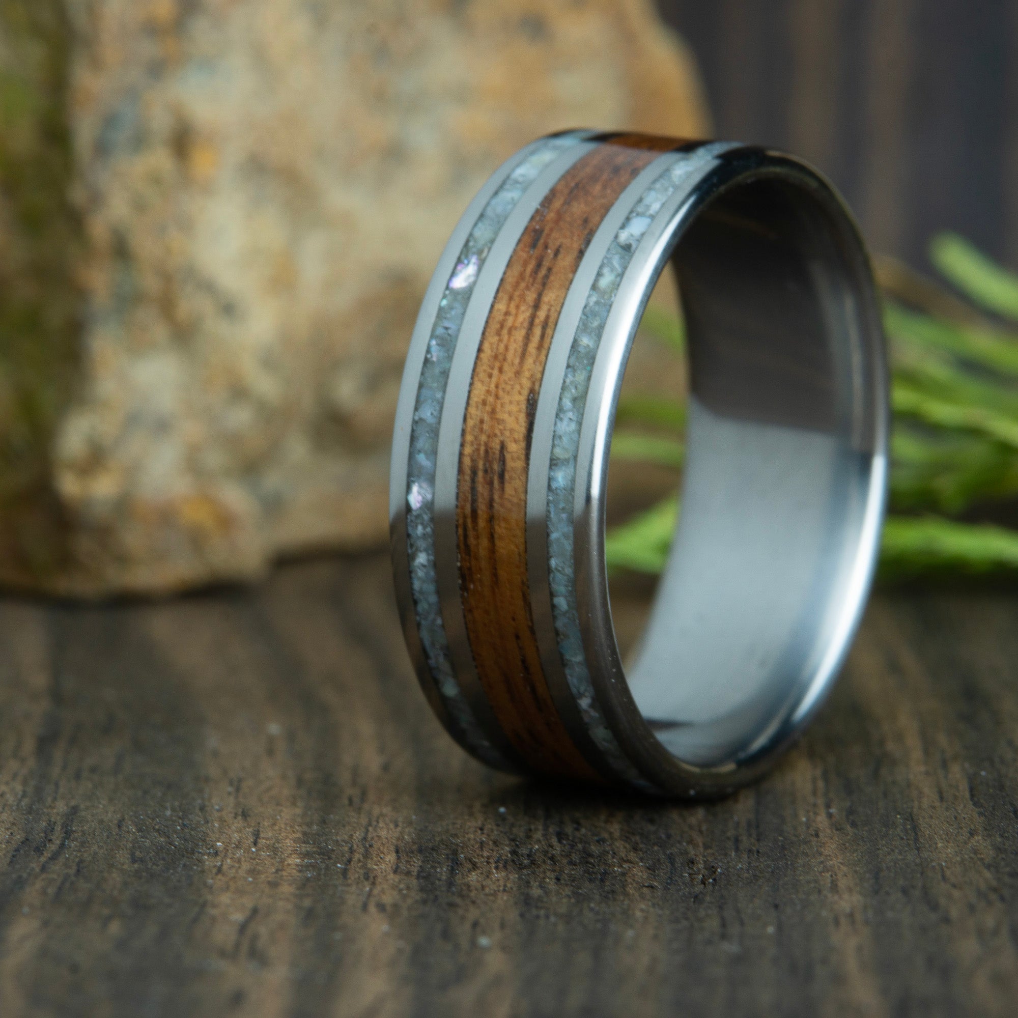 Koa wood ring with mother of pearl inlay