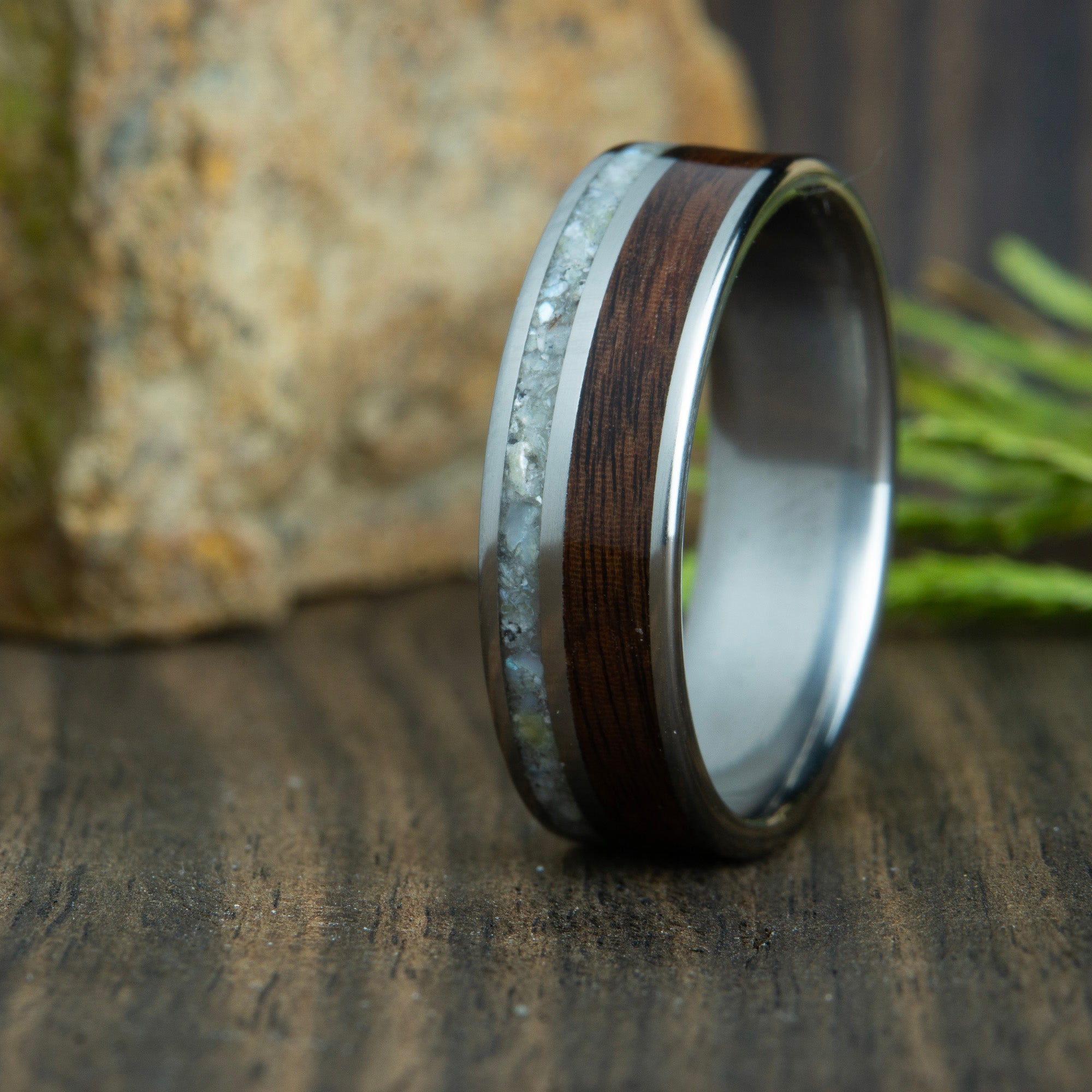 2 channel mens wood wedding band with Rosewood and mother of pearl