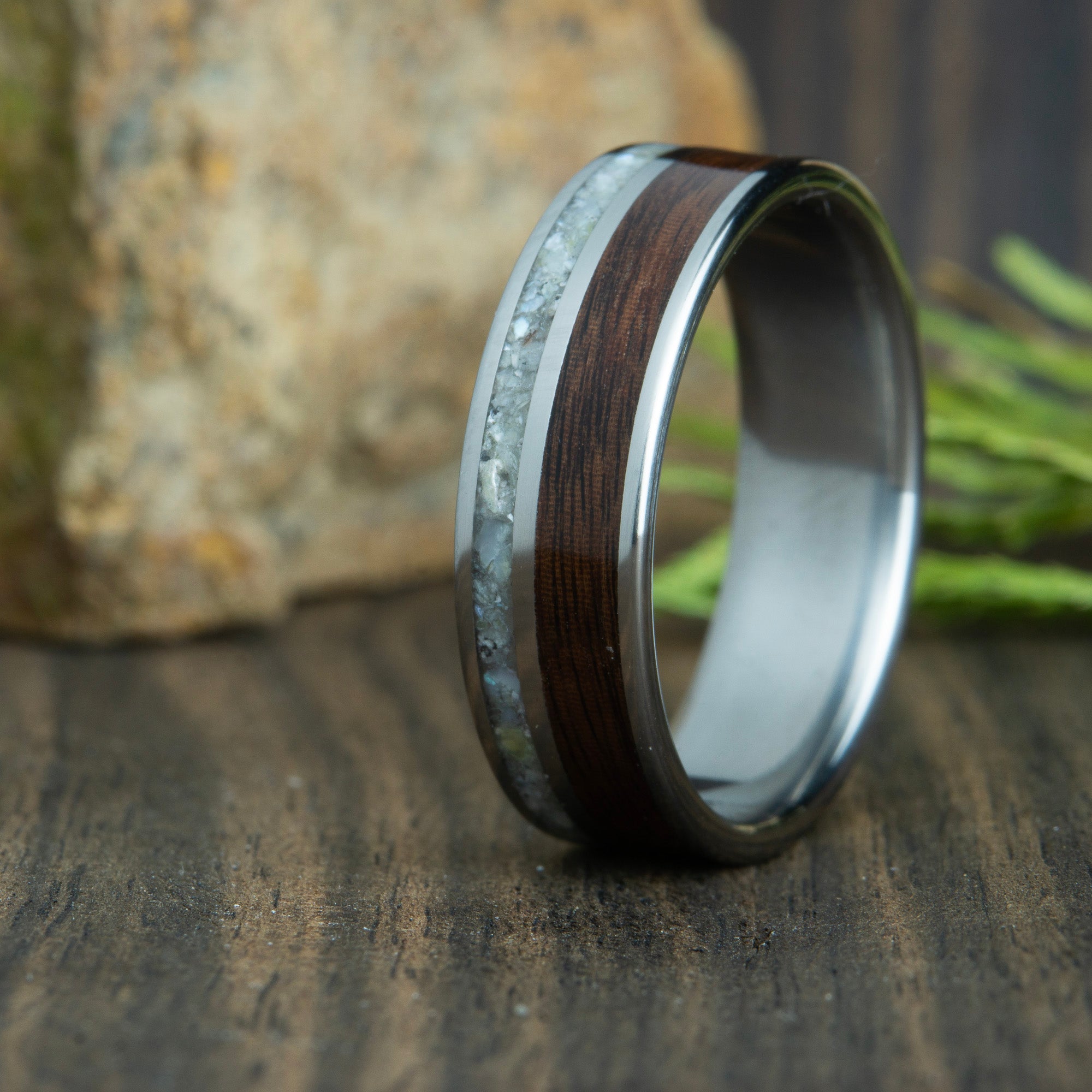 2 channel mens wood wedding band with Rosewood and mother of pearl