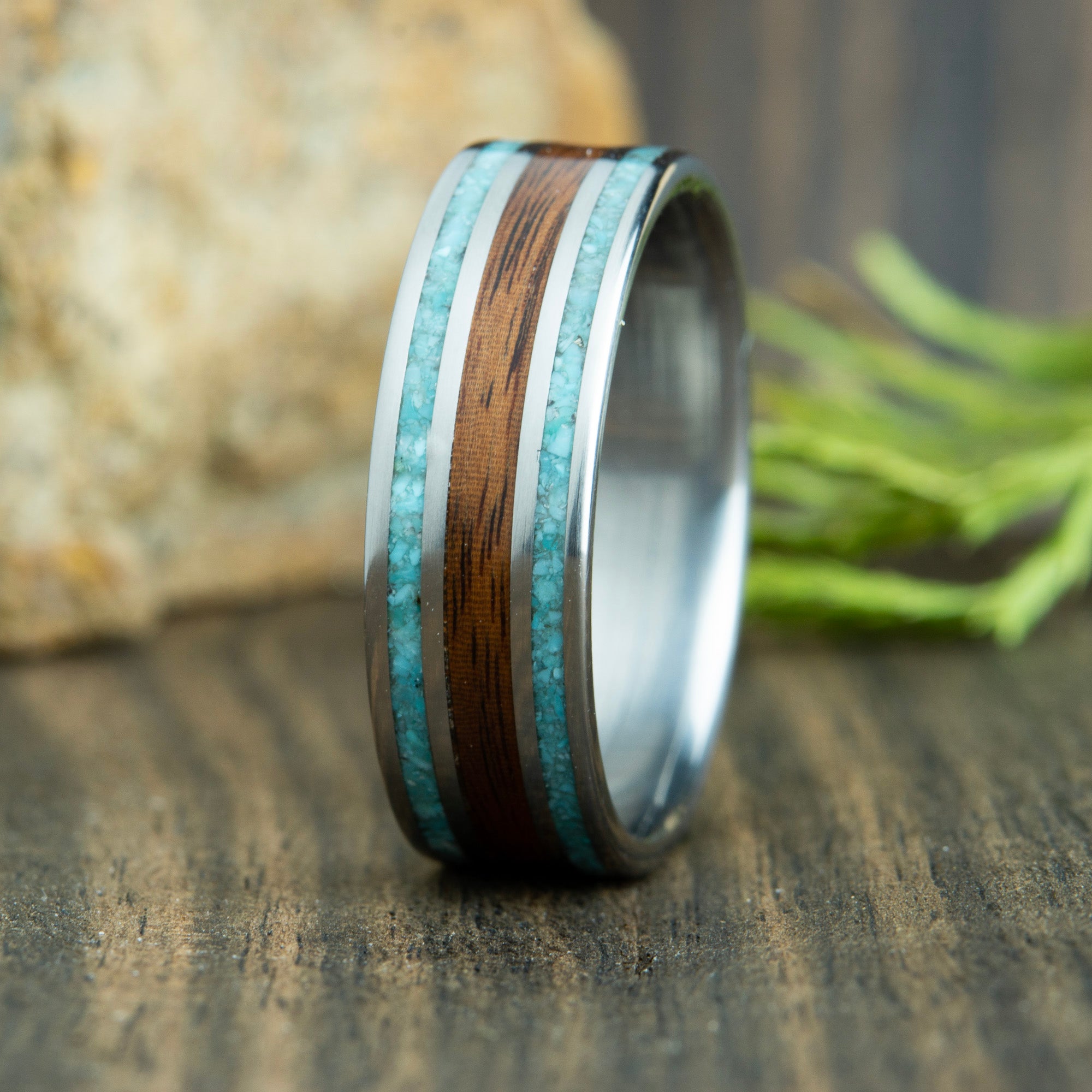 turquoise mens wedding band with rosewood wood