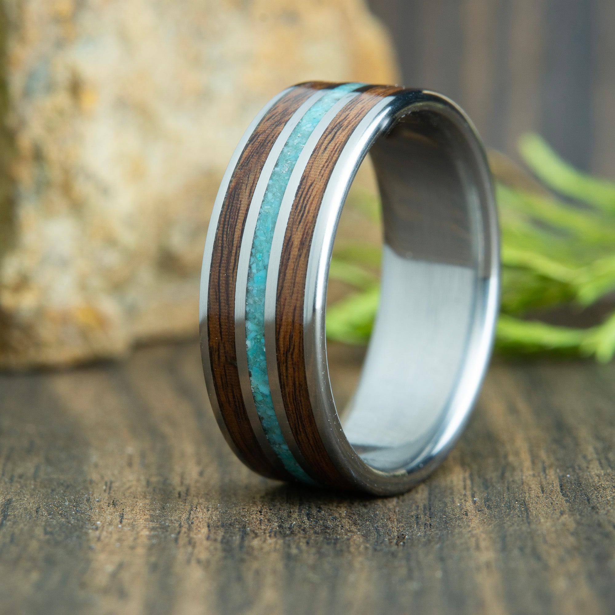 Wooden wedding band with Rosewood and genuine turquoise