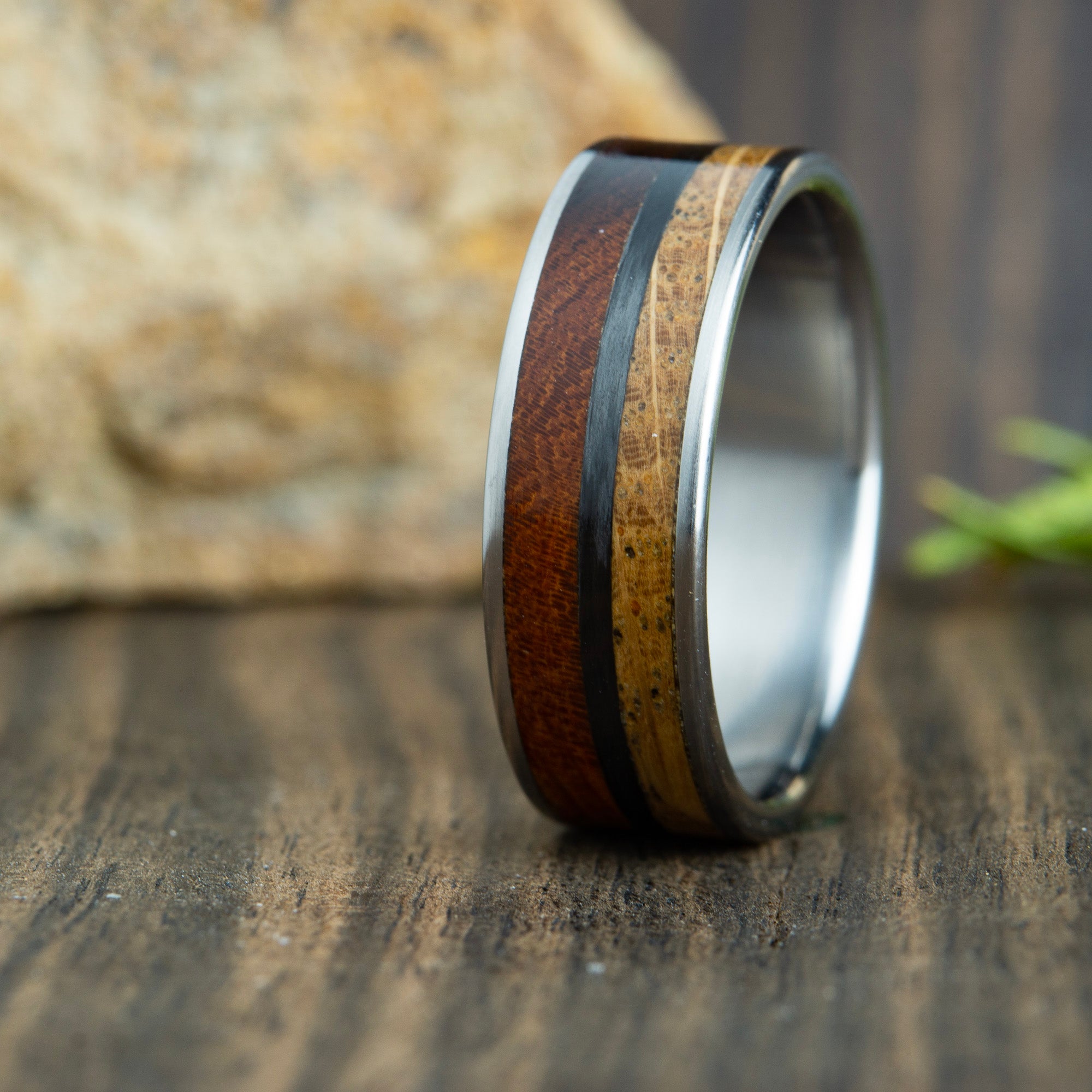 whiskey barrel wood ring with carbon fiber and ironwood