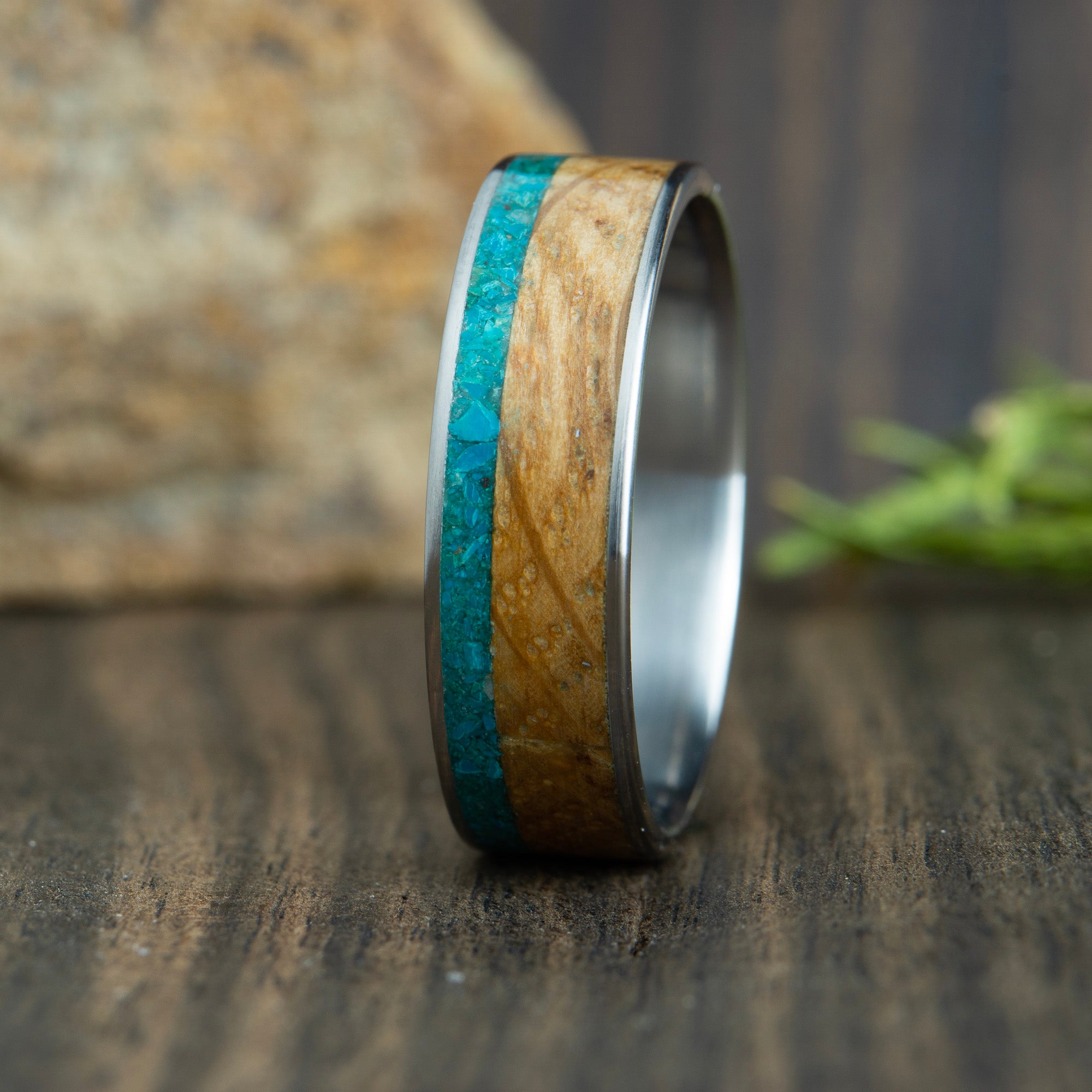 Mens wedding band with Whiskey barrel wood and turquoise