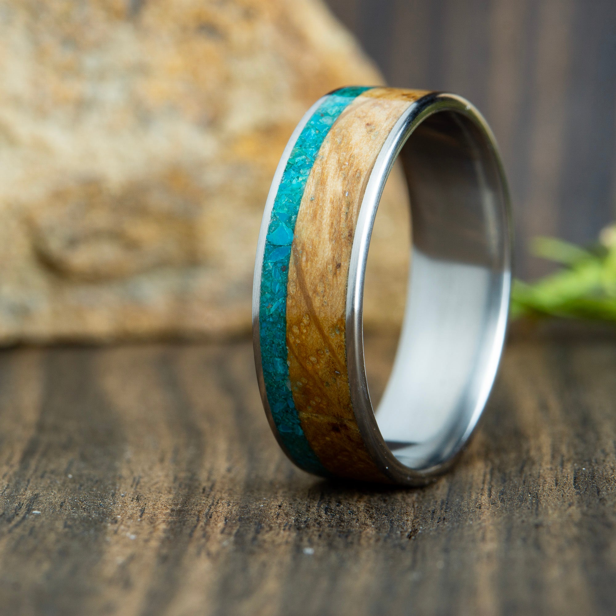 Mens wedding band with whiskey barrel wood and turquoise