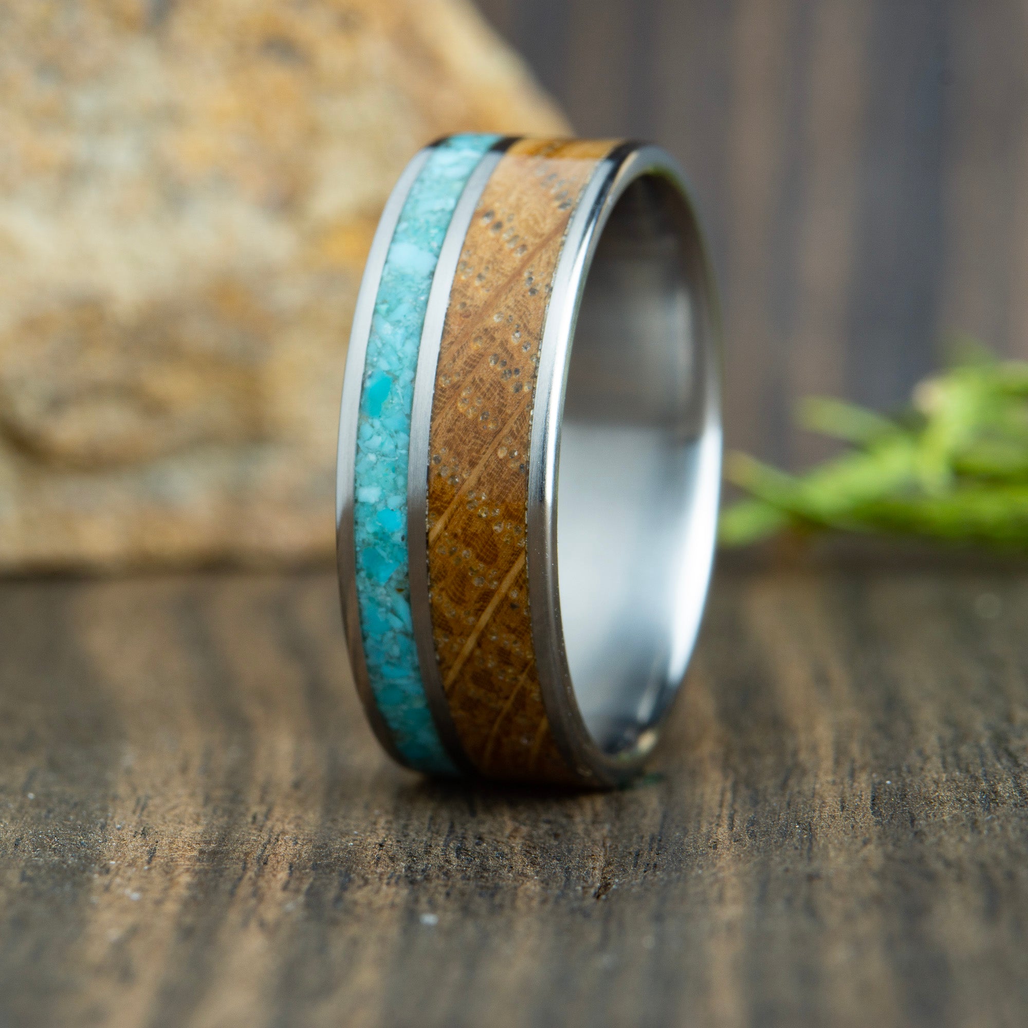 Whiskey barrel mens wedding ring with turquoise