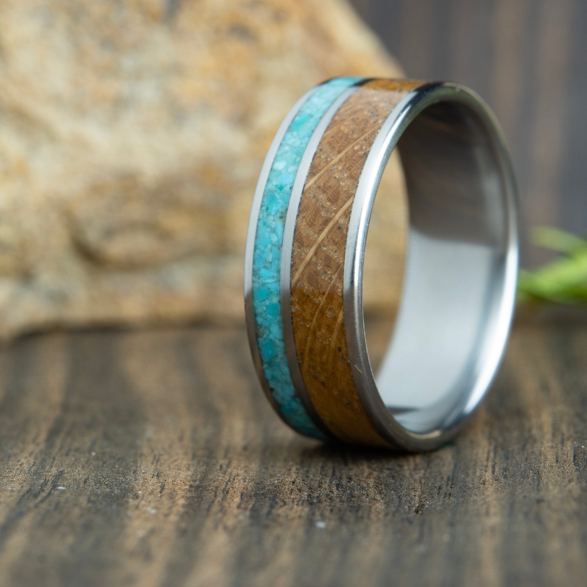 whiskey barrel mens wedding ring w/turquoise